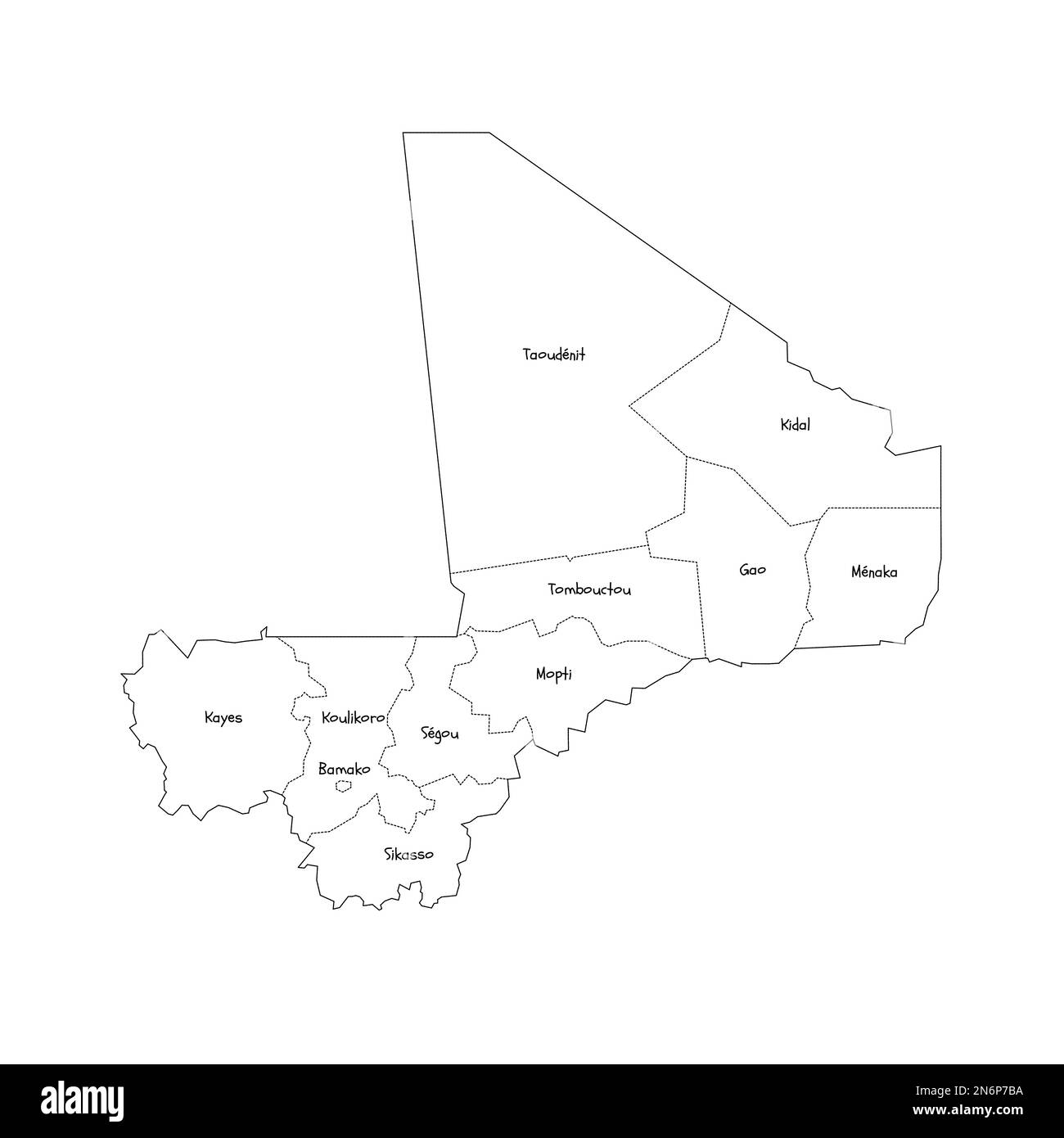 Mali politische Karte der Verwaltungseinheiten Regionen und