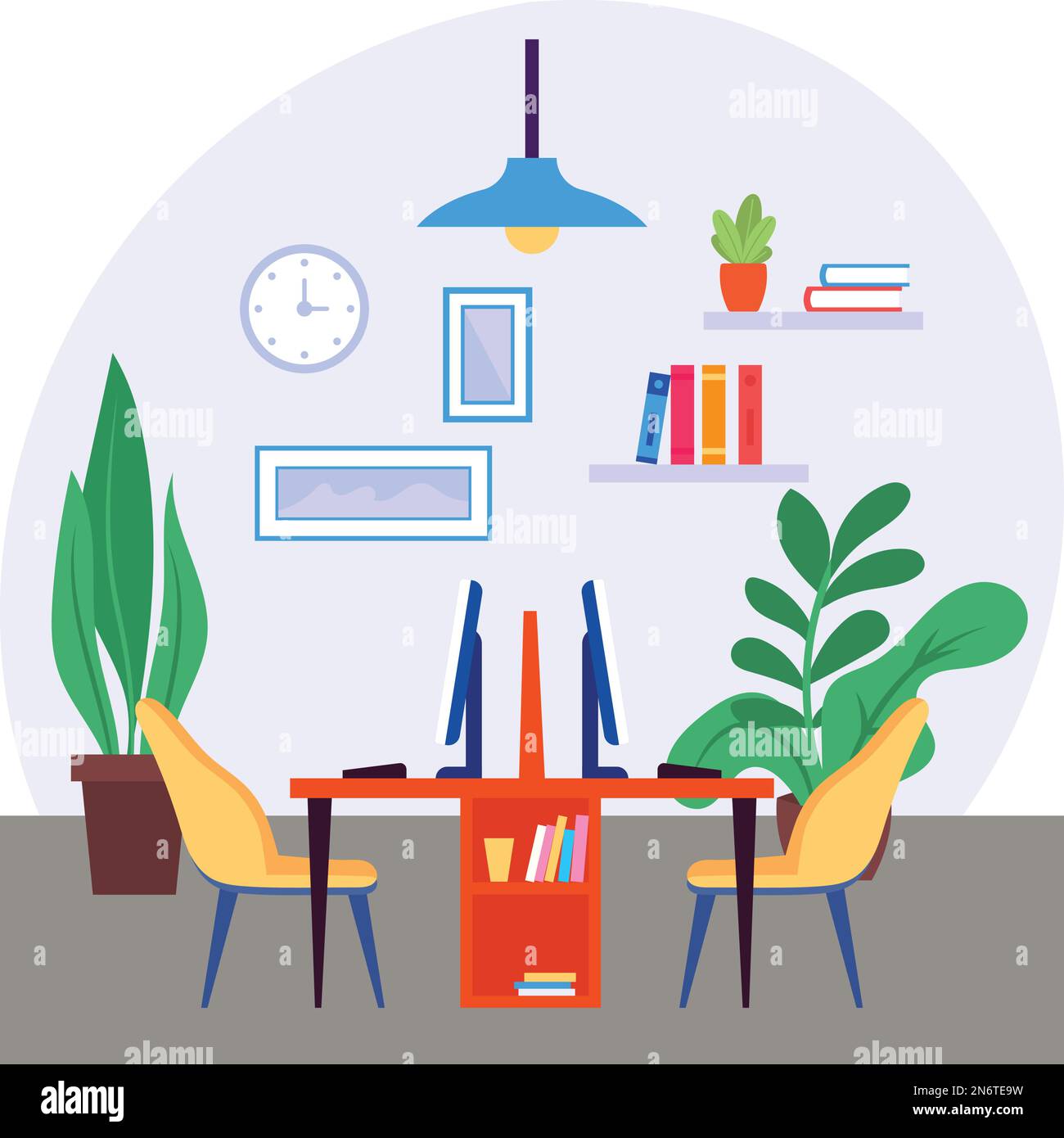 Arbeitsplatzkonzept für die Zusammenarbeit, selbsttragendes Office-Vektordesign mit Farbsymbolen, Green Office-Symbol, umweltfreundliches Arbeitsplatzschild, modern Stock Vektor