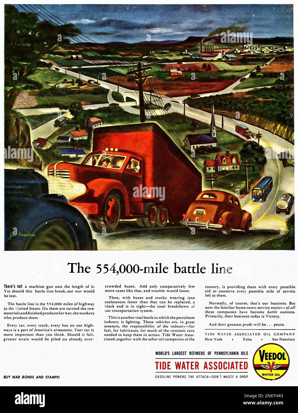 1944 - Gezeitenwasser assoziiert - Veedol Motor Oil - amerikanische (USA) Werbung während des Zweiten Weltkriegs Stockfoto