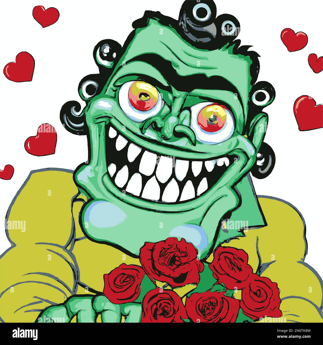 Grünes Monster, das mit Rosen lächelt, Herzen im Hintergrund Stock Vektor