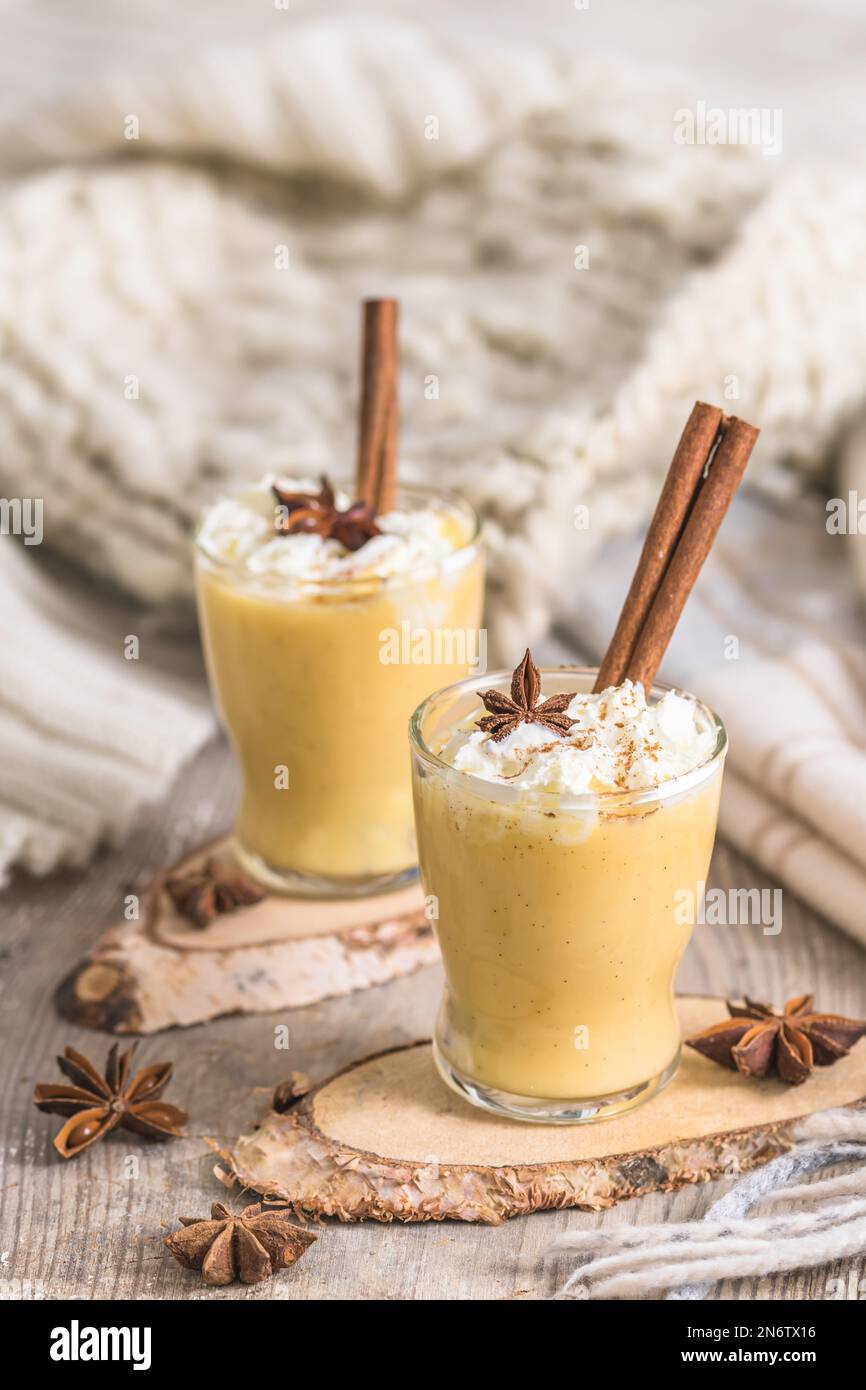 Zwei Gläser Eierlikör mit Schlagsahne und Zimt. Auld man's Milk, Coquito oder Creme de Vie oder Eierlikoer. Vertikal. Stockfoto