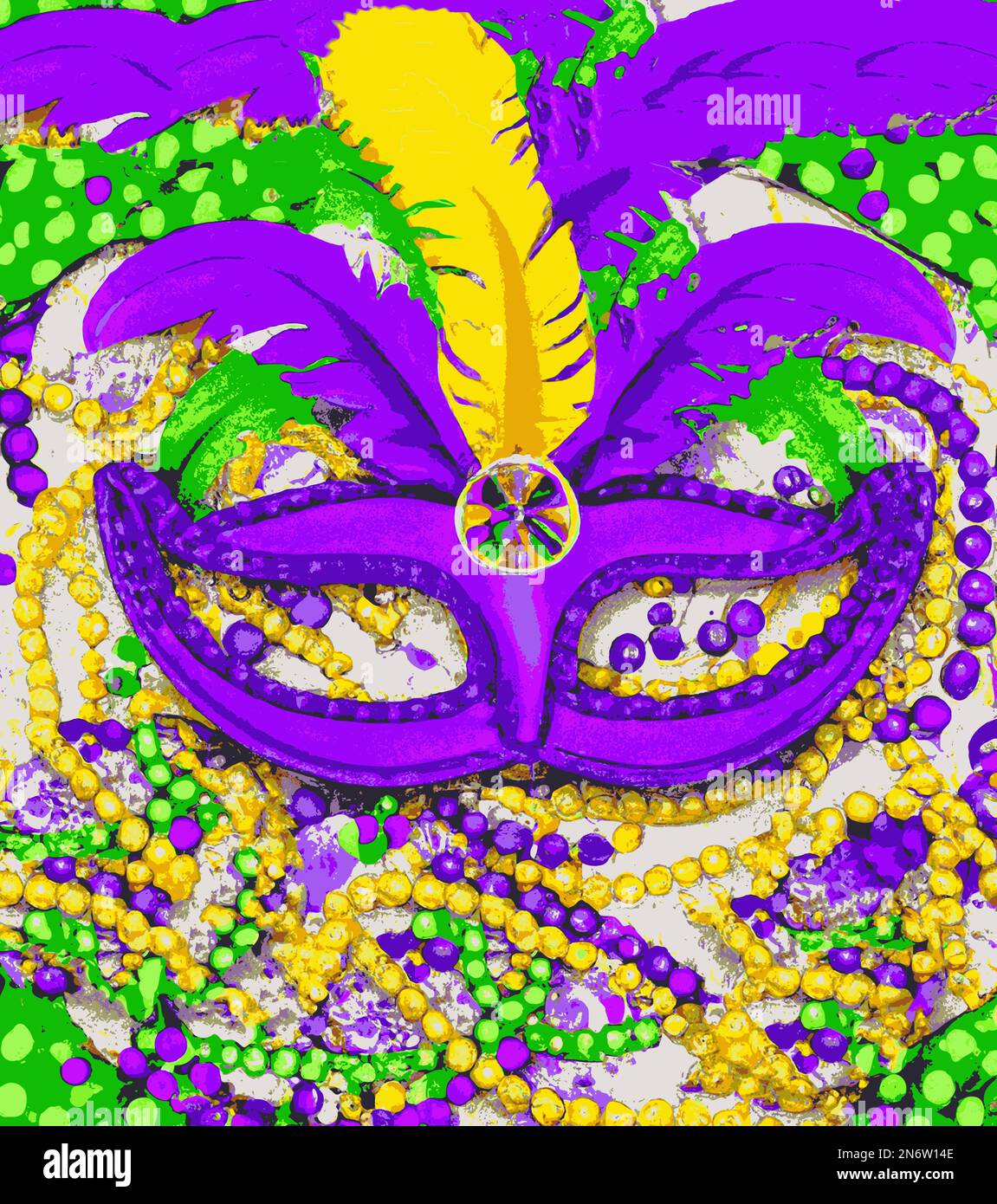 Hintergrund des Mardi Gras Illustration mit bunten Perlen, Münzen und Masken. Lila, grün und Gold. Stock Vektor