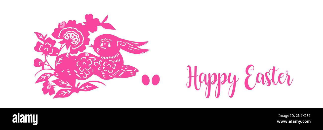 Happy Easter Text, pinkfarbenes niedliches Kaninchen flache Illustration auf weißem Panorama-Hintergrund, Web-Banner für Weihnachten Stockfoto