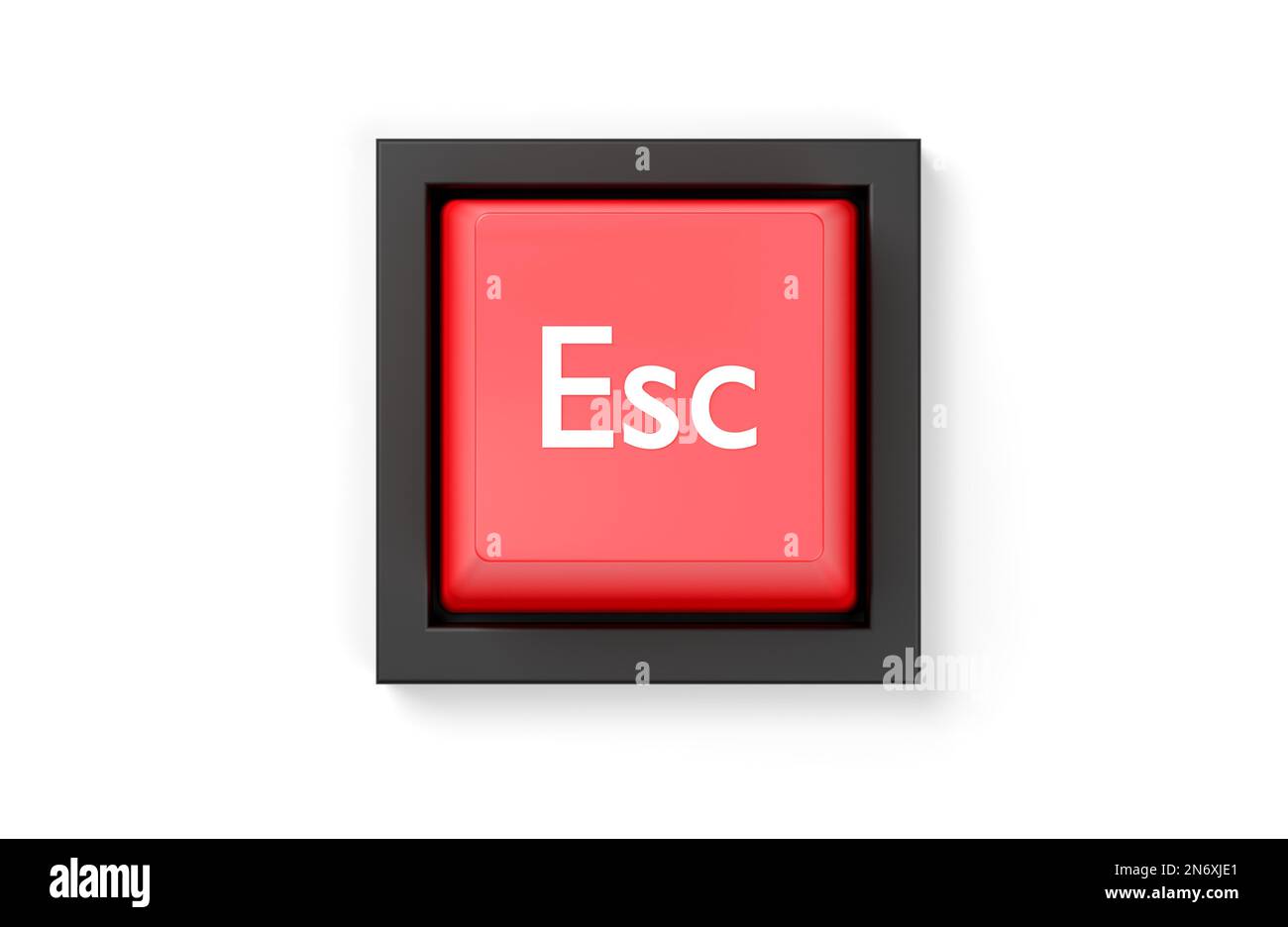 Einfache, rote Escape-Taste auf der Computertastatur auf weißem Hintergrund, Geschäftskonzept beenden, beenden oder beenden, flache Draufsicht von oben, 3D-Abbildung Stockfoto