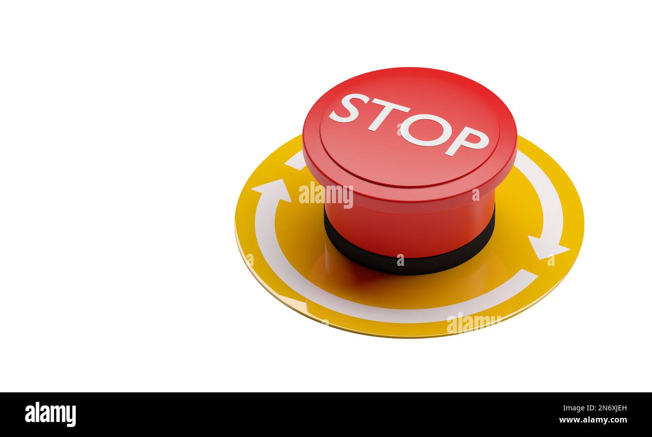 Rote Stopp- oder Paniktaste auf weißem Hintergrund, Notfall-, Sicherheits- oder Sicherheitskonzept, 3D-Abbildung Stockfoto