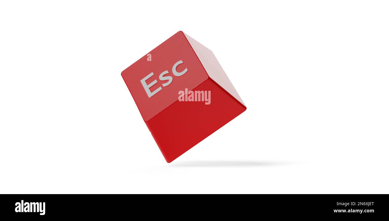 Einfache, rote Escape-Taste auf der Computertastatur auf weißem Hintergrund, Geschäftskonzept „Stopp“, „Beenden“ oder „Beenden“, 3D-Abbildung Stockfoto
