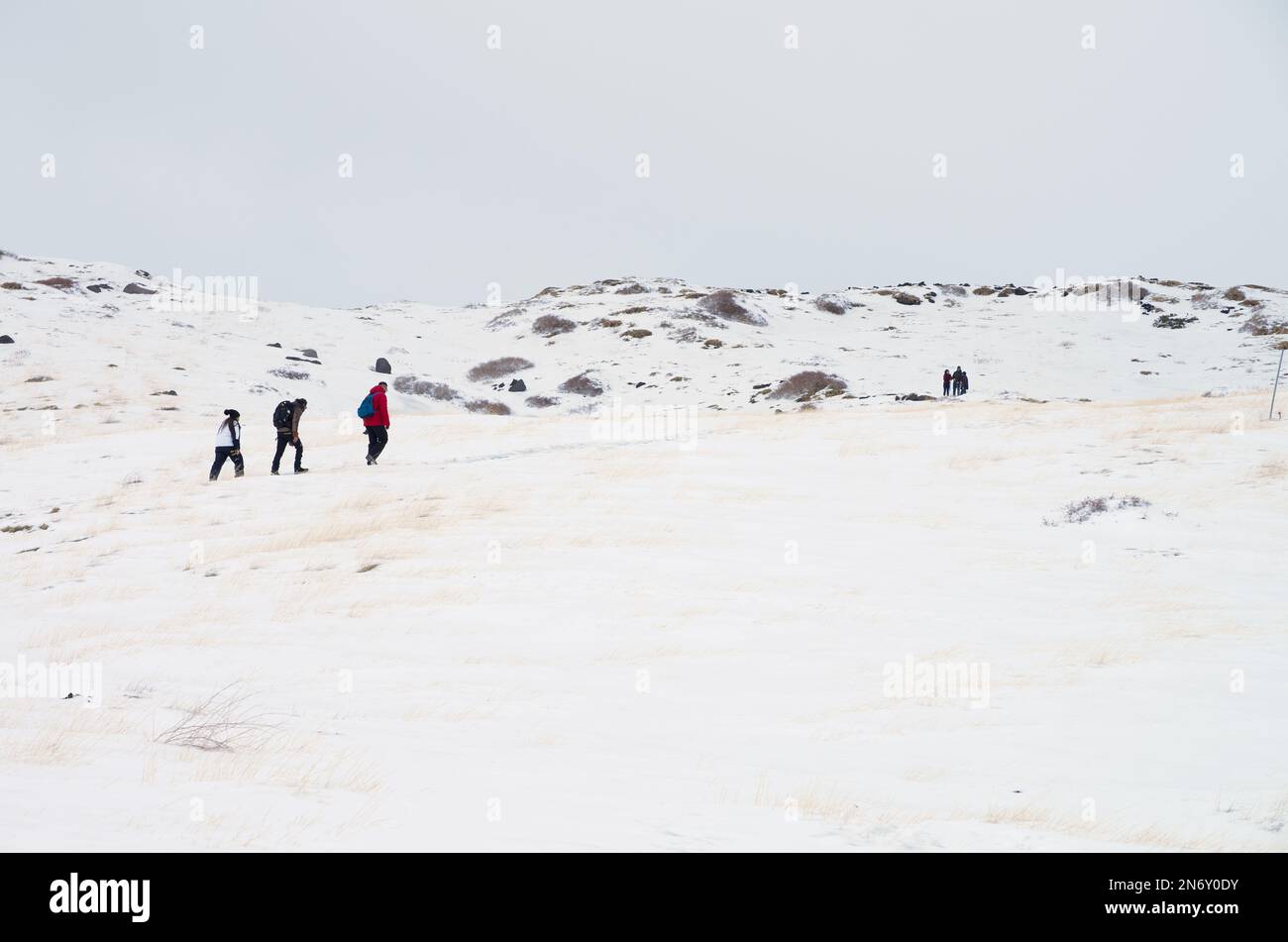 Wandern auf dem schneebedeckten Pfad der „Schiena dell'Asino“, einem Naturpfad, auf dem Sie entlang des „Valle del Bove“ zu den Kratern des Ätna-Nationalparks, Si, wandern können Stockfoto