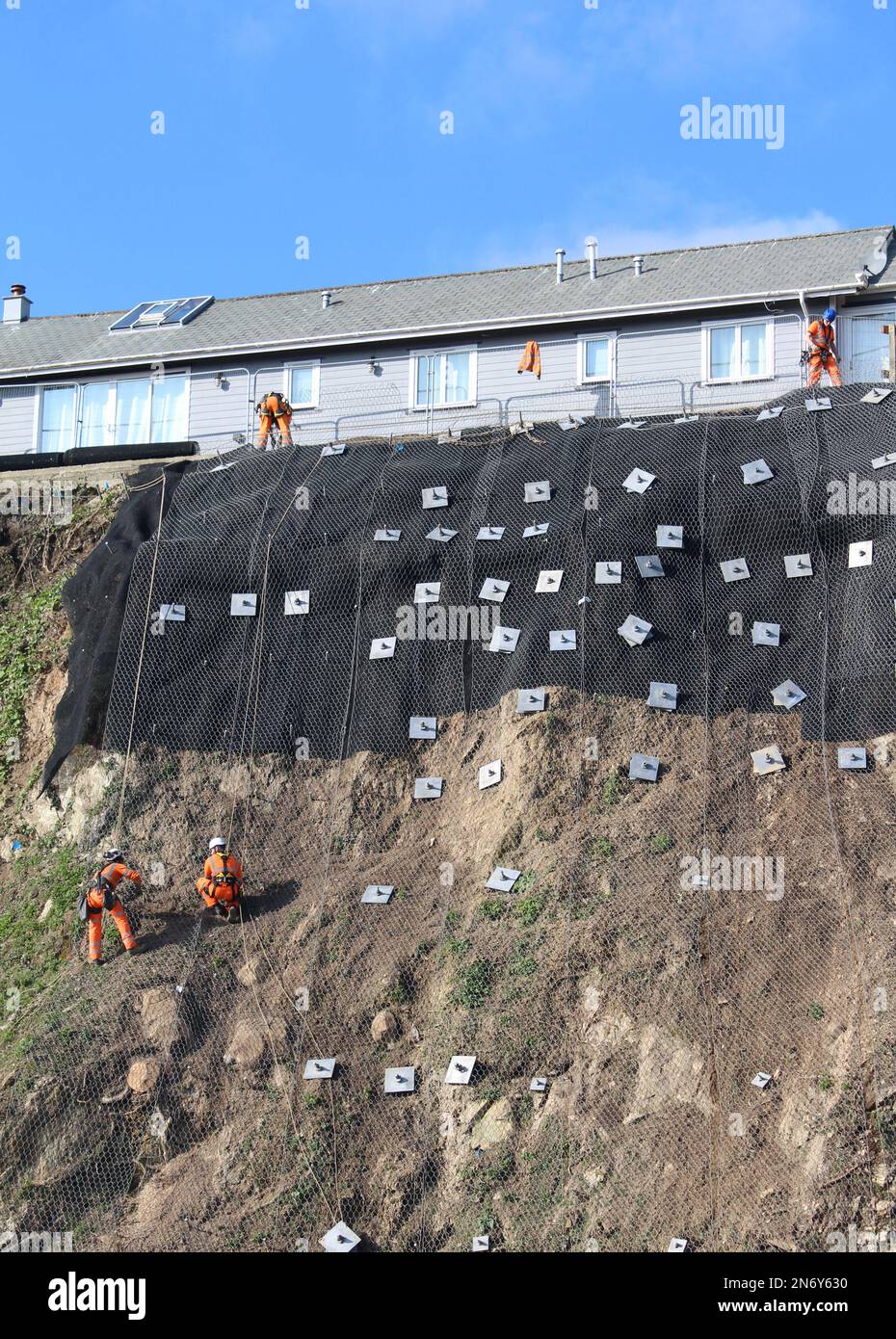 Klippenstabilisierungsarbeiten am Quarry Lane-Parkplatz in Falmouth, Cornwall, England. Die Abseilarbeiter führen die wesentlichen Arbeiten aus. Stockfoto