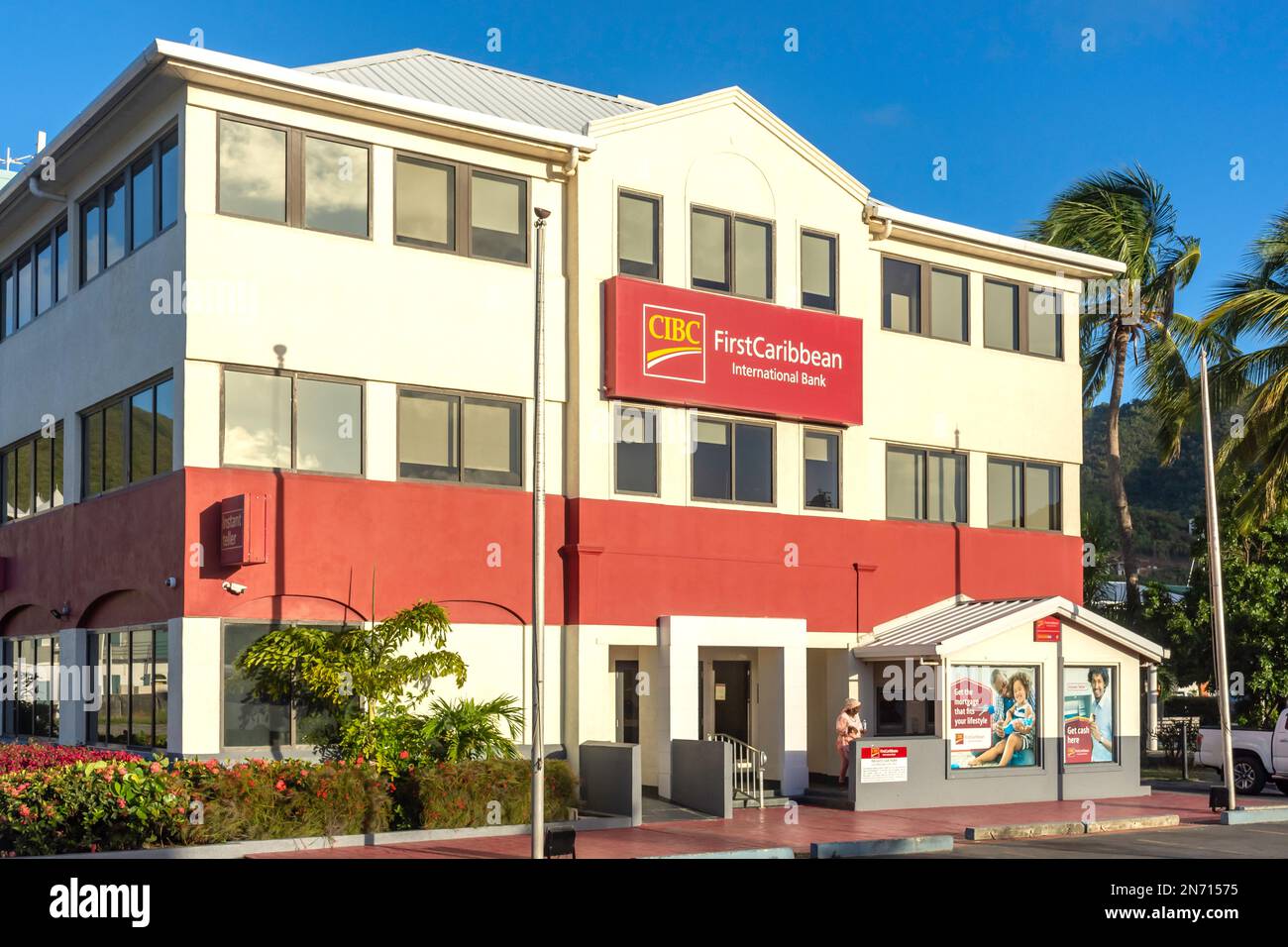 First Caribbean International Bank am Ufer, Road Town, Tortola, Britische Jungferninseln (BVI), kleine Antillen, Karibik Stockfoto
