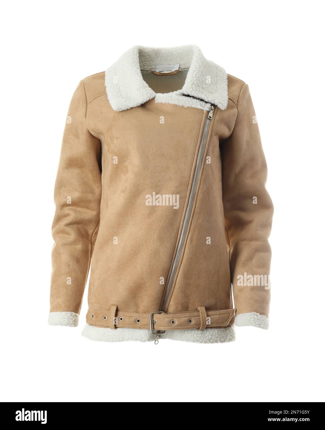 Moderne, stilvolle Pilotenjacke, isoliert auf Weiß Stockfoto