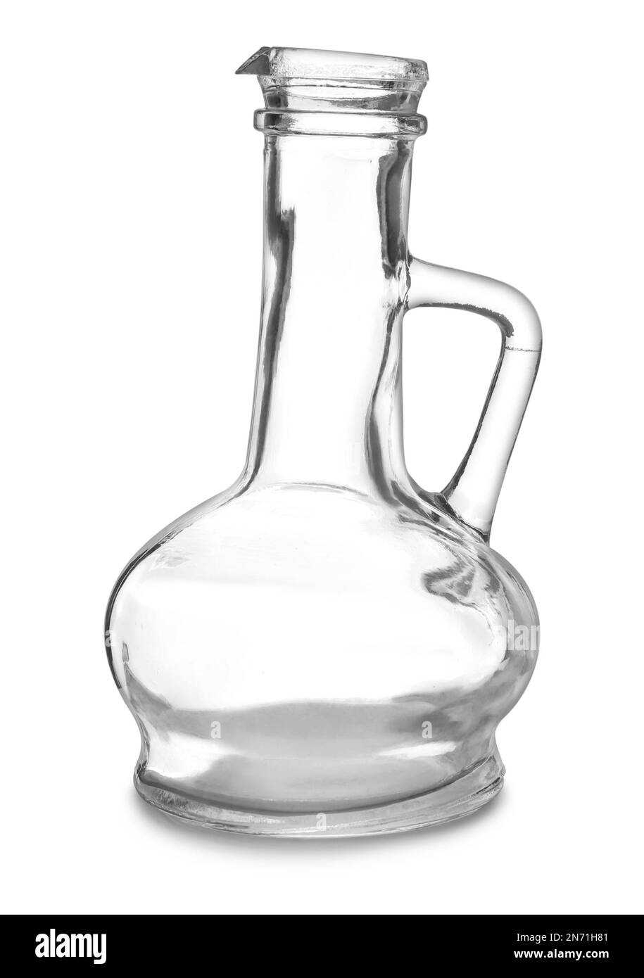 Leere Ölkanne aus Glas, isoliert auf weiß Stockfoto