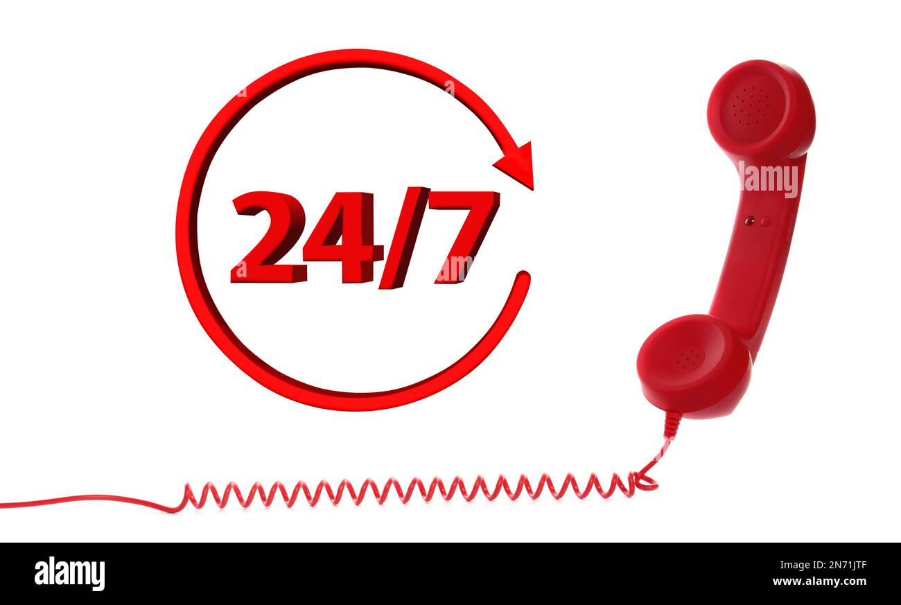 24/7 Hotline-Service. Rotes Mobilteil auf weißem Hintergrund, Bannerdesign Stockfoto