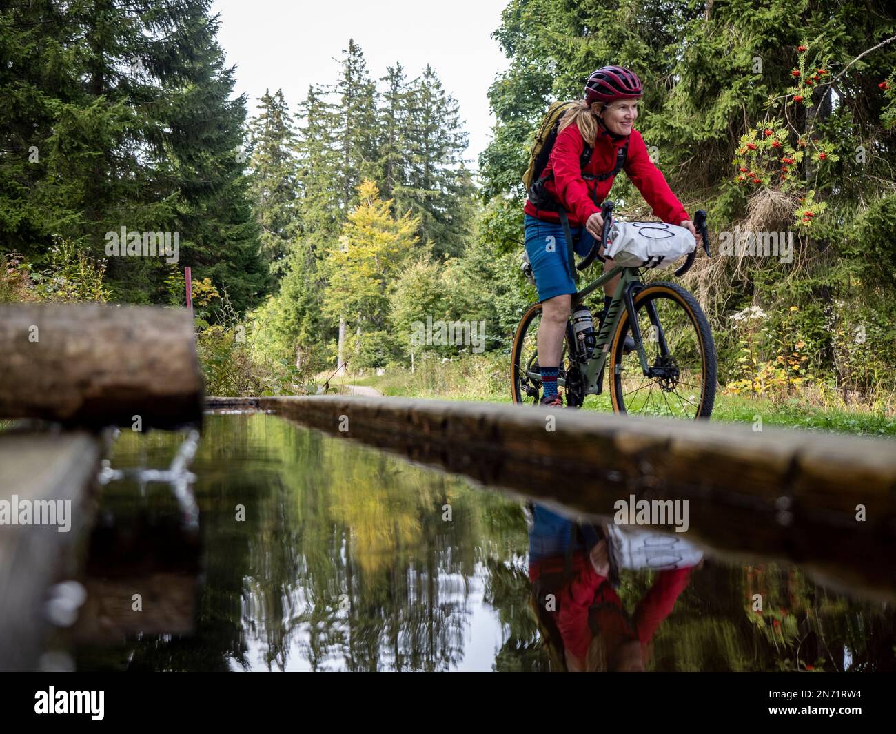 Fahrradtour mit dem Gravelbike im Schwarzwald. Bei der Specktanne, Furtwangen, Martinskapelle. Stockfoto