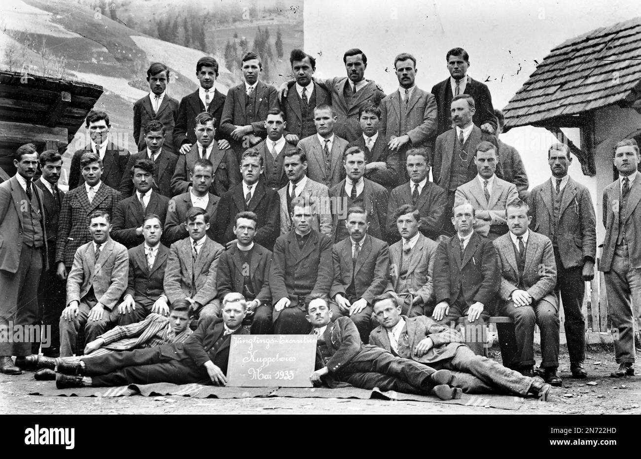 Gruppenfoto des Young Men's Retreat in Kuppelwies 1933. Ulten Valley, Südtirol. Stockfoto