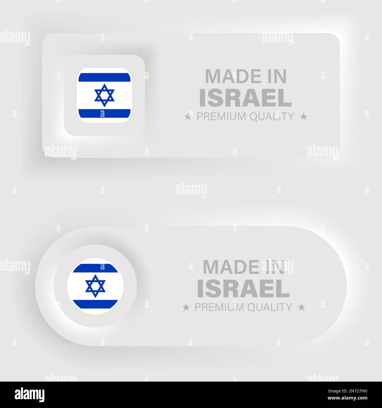 „Made in Israel neumorphic“-Grafik und -Etikett. Auswirkungselement für die Verwendung, die Sie daraus machen möchten. Stock Vektor