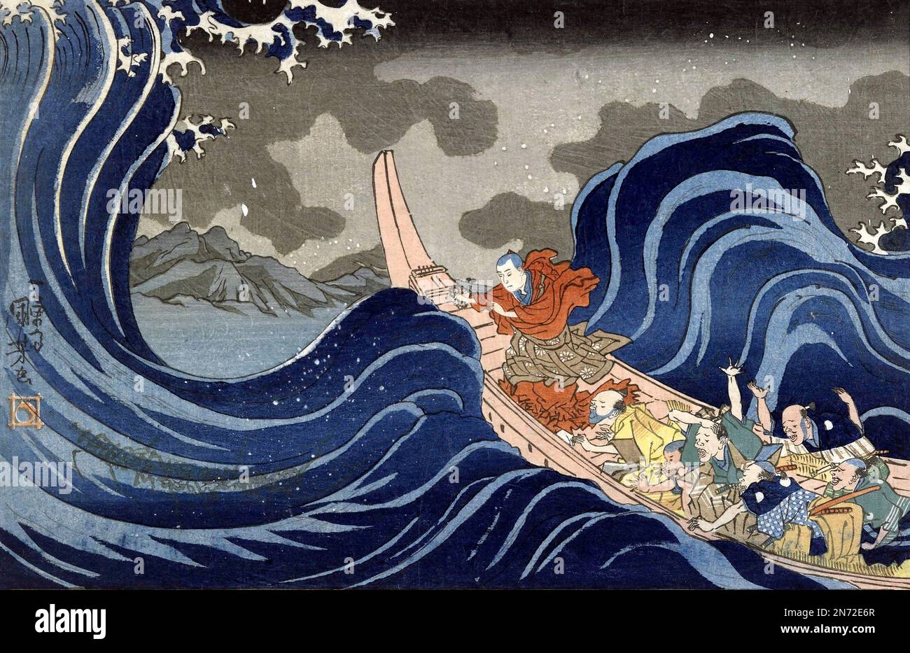 Utagawa Kuniyoshi. Gemälde mit dem Titel „Illustrated Abridged Biography of the Great Founder [Nichiren]: In the Waves at Kakuda enroute to Sado Island“ von Utagawa Kuniyoshi (1798-1861), Holzblockdruck, Tinte und Farbe auf Papier, c. 1835 Stockfoto