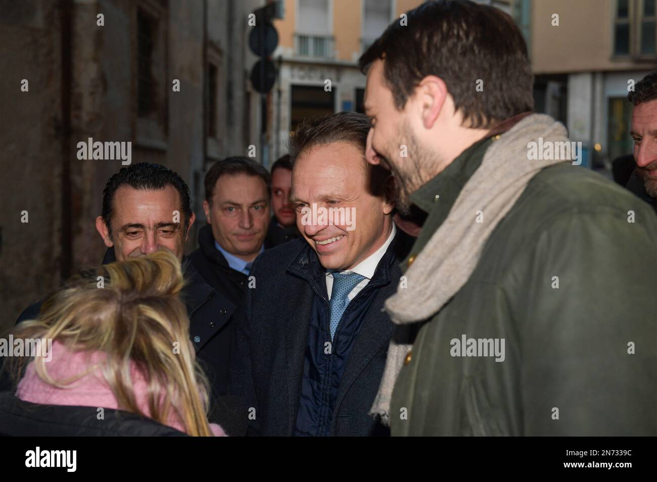 Rieti, Italien. 08. Februar 2023. Francesco Lollobrigida, Minister für Landwirtschaft und Ernährungssouveränität und Forstwirtschaft, am 8. Februar 2023 in Rieti, Italien, im Vorfeld des Wahlkampfs für die Regionalwahlen in Latium. (Foto von Riccardo Fabi/Pacific Press) Kredit: Pacific Press Media Production Corp./Alamy Live News Stockfoto