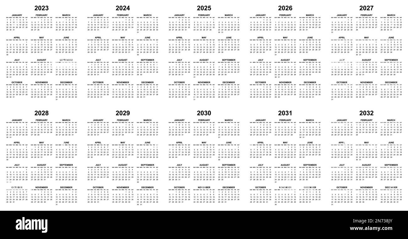 Einfache editierbare Vektorkalender für das Jahr 2023, 2024, 2025, 2026, 2027, 2028. 2029, 2030, 2031, 2032 sonntage in Schwarz, einfach zu bearbeiten und zu verwenden Stock Vektor