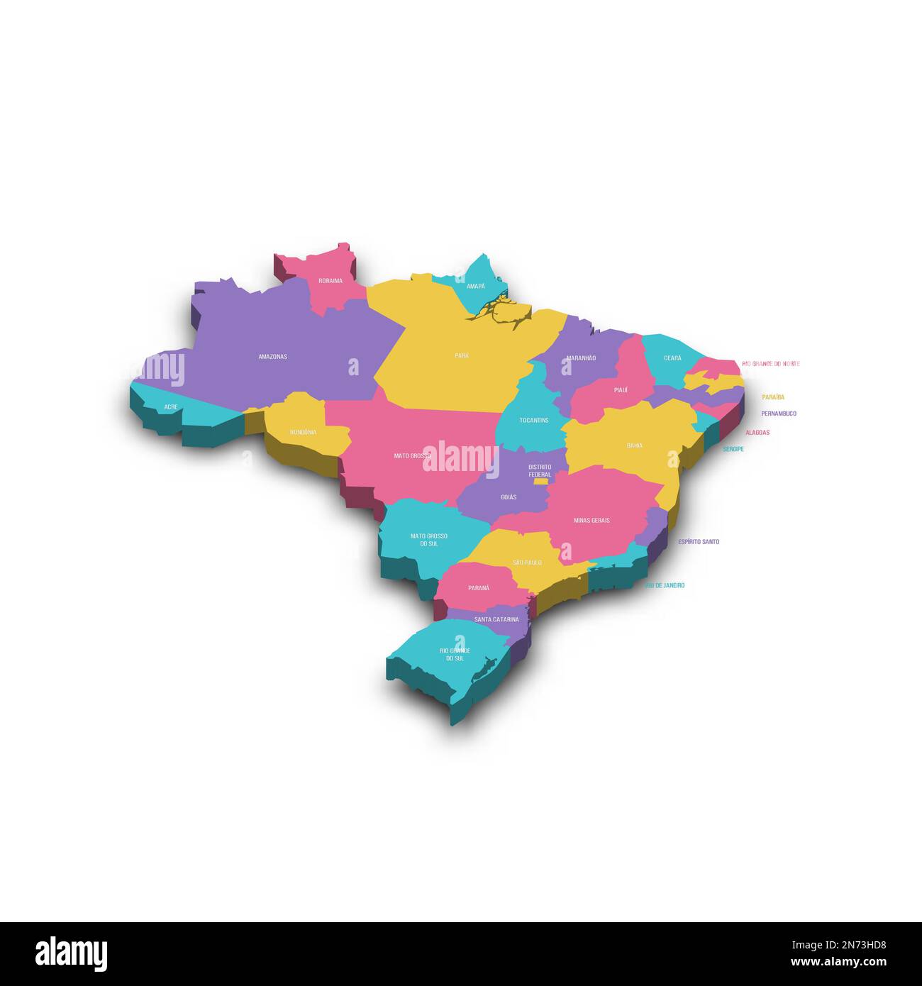 Politische Karte Brasiliens der Verwaltungsabteilungen - Föderative Einheiten Brasiliens. Farbenfrohe 3D-Vektorkarte mit versenkten Schatten und Ländernamen. Stock Vektor