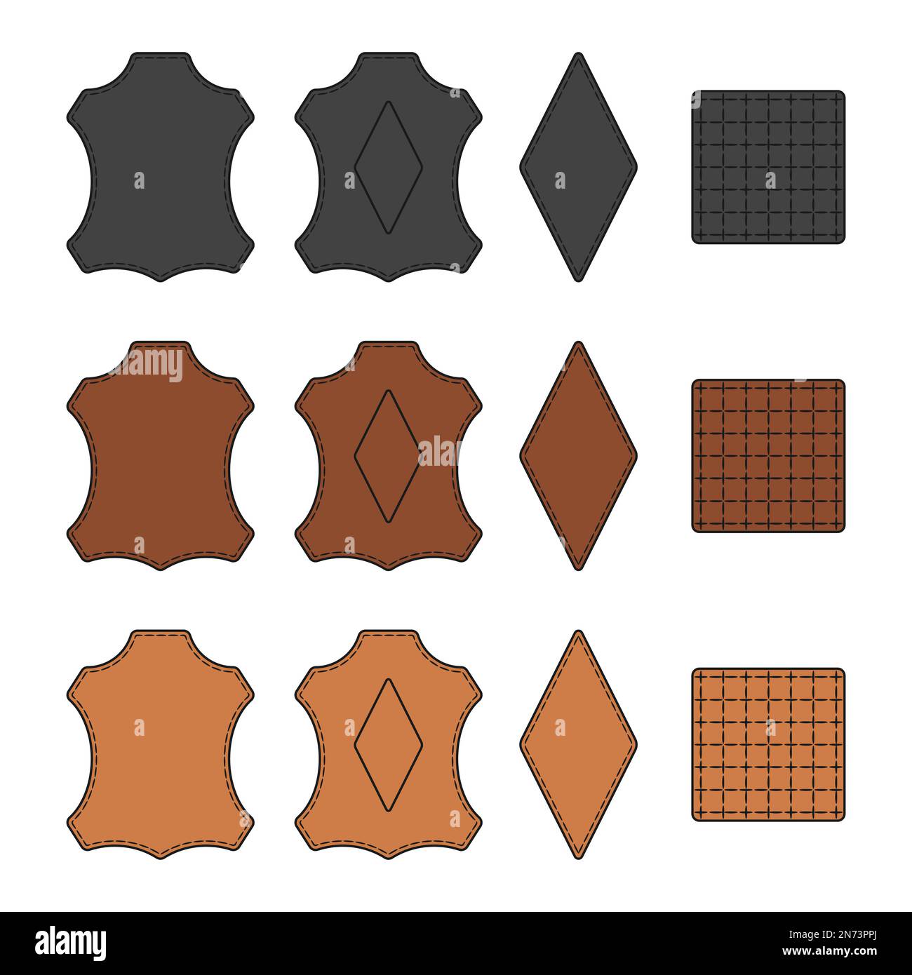 Farbdarstellung mit Zeichen aus echtem Leder, Textilien und anderen Materialien. Isolierte Vektorobjekte auf weißem Hintergrund. Stock Vektor