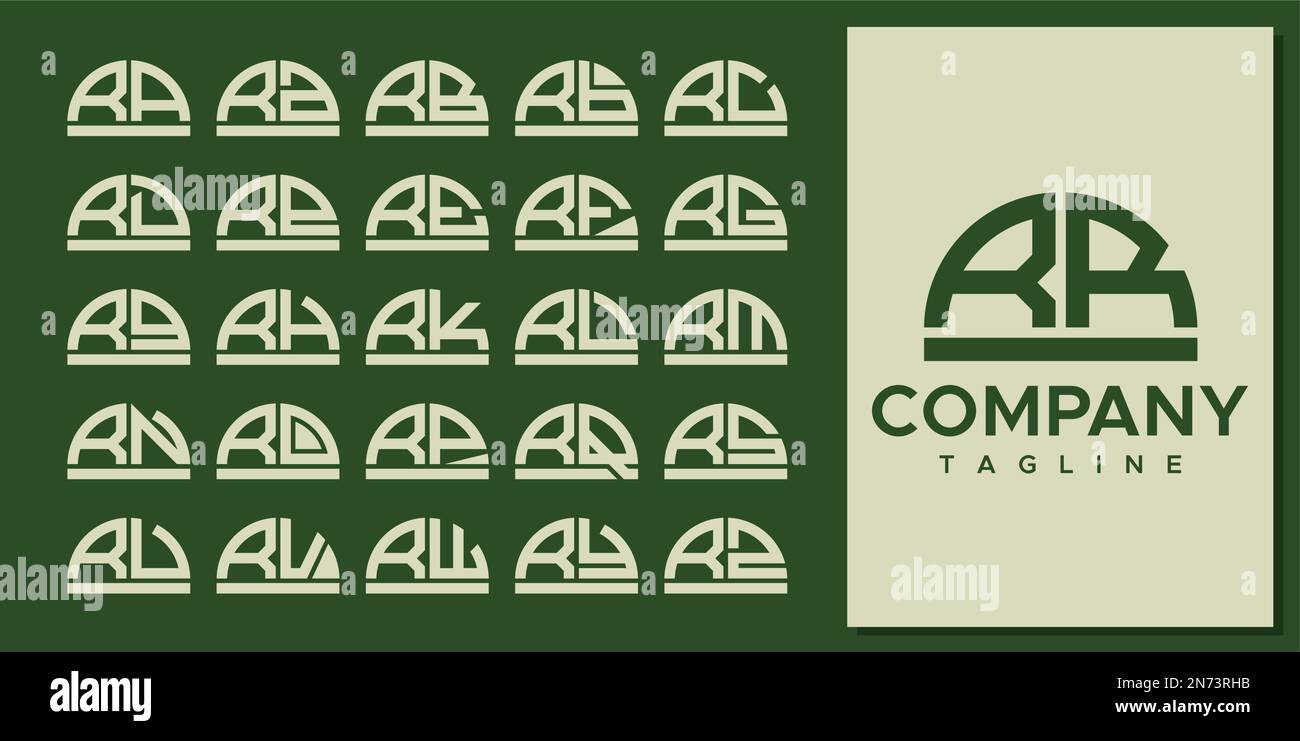 Abstraktes Design-Set mit R-Logo und halbrunden Buchstaben. Logo mit modernem, geschwungenem RR R R-Buchstaben. Stock Vektor