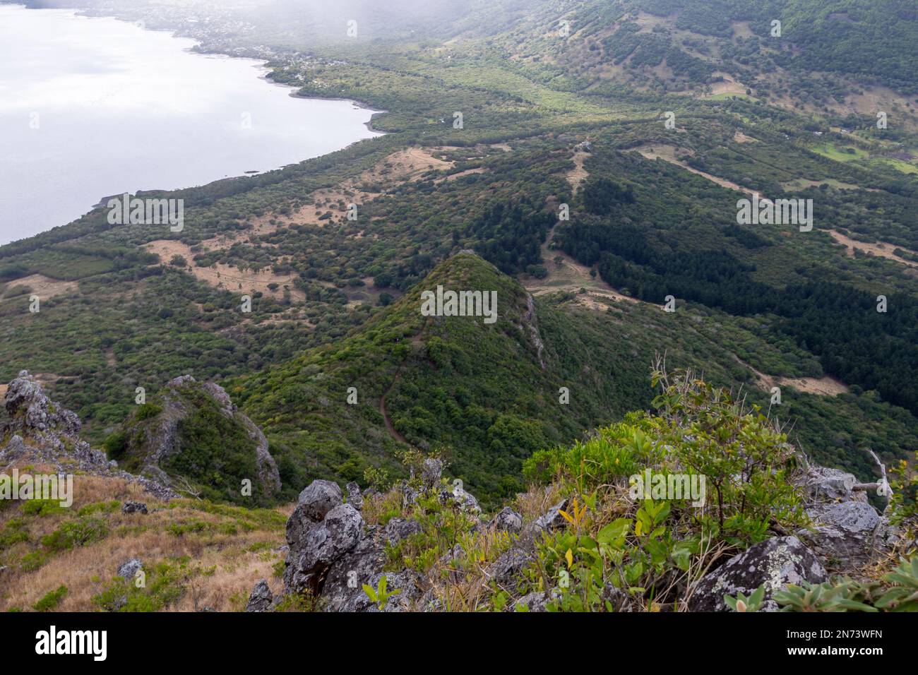 Der Blick vom berühmten Berg Le Morne Brabant auf Mauritius. Stockfoto