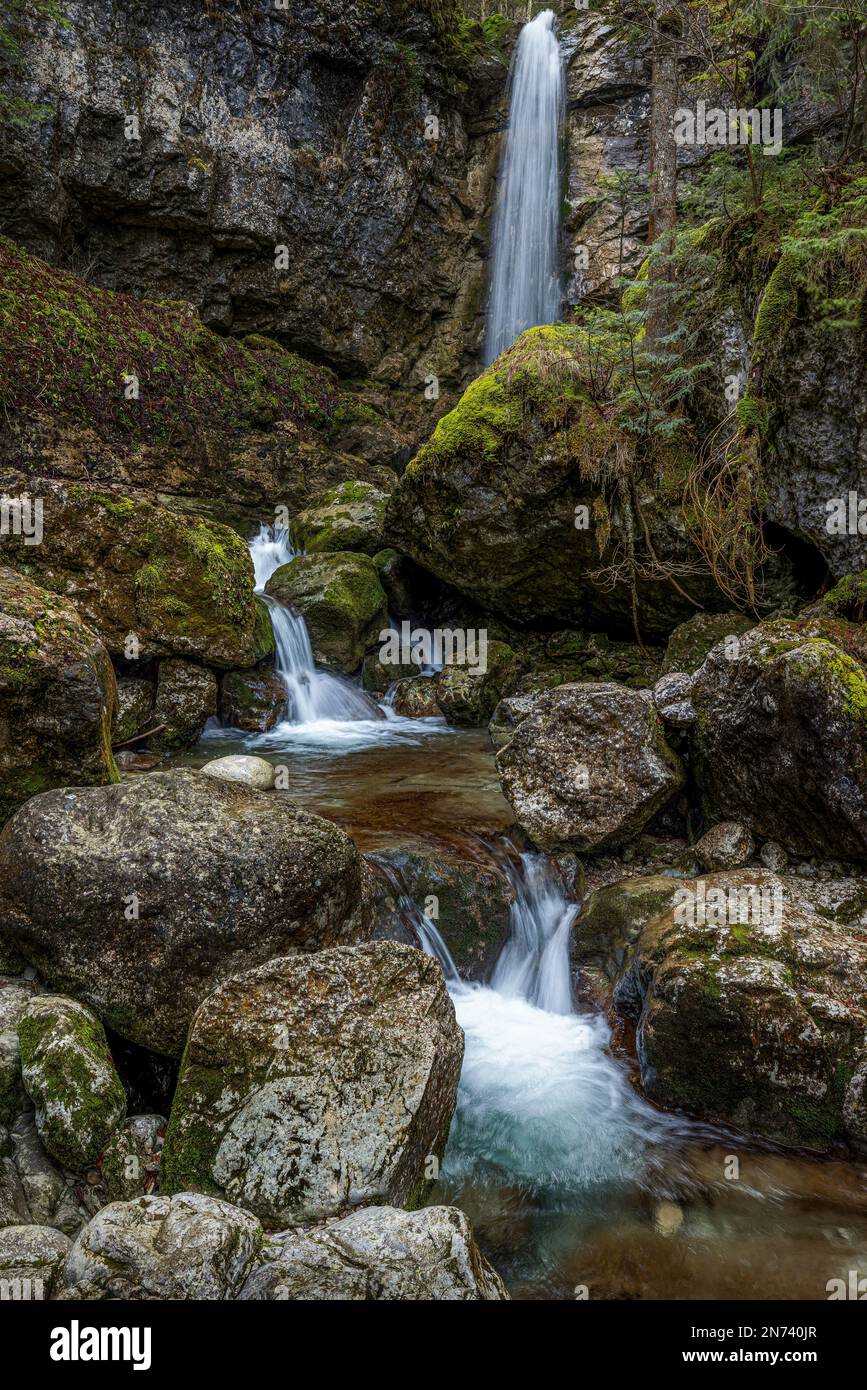 Sibli-Wasserfall. Rottach-Egern, Bayern, Deutschland. Stockfoto