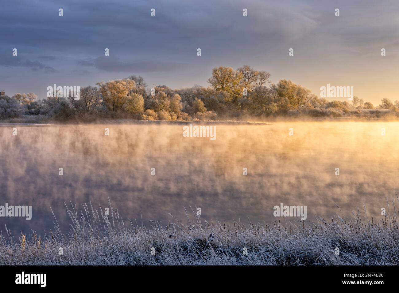 Ein frostiger und sonniger Wintermorgen auf der Elbe mit Nebel über dem Wasser in Bleckede/Brackede Stockfoto