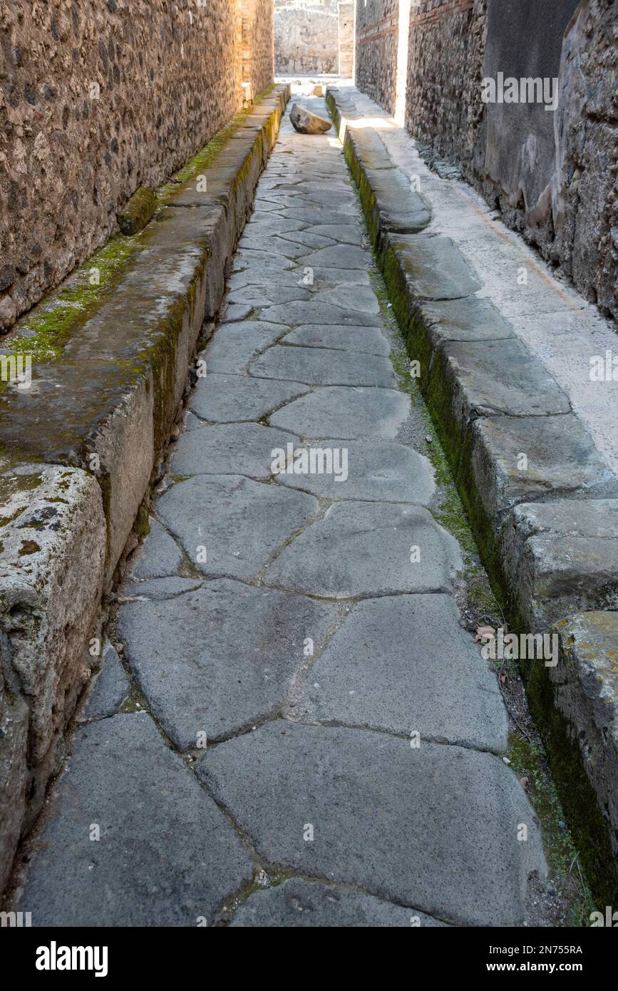 Eine schöne, typische gepflasterte Straße in der antiken Stadt Pompeji, Süditalien Stockfoto