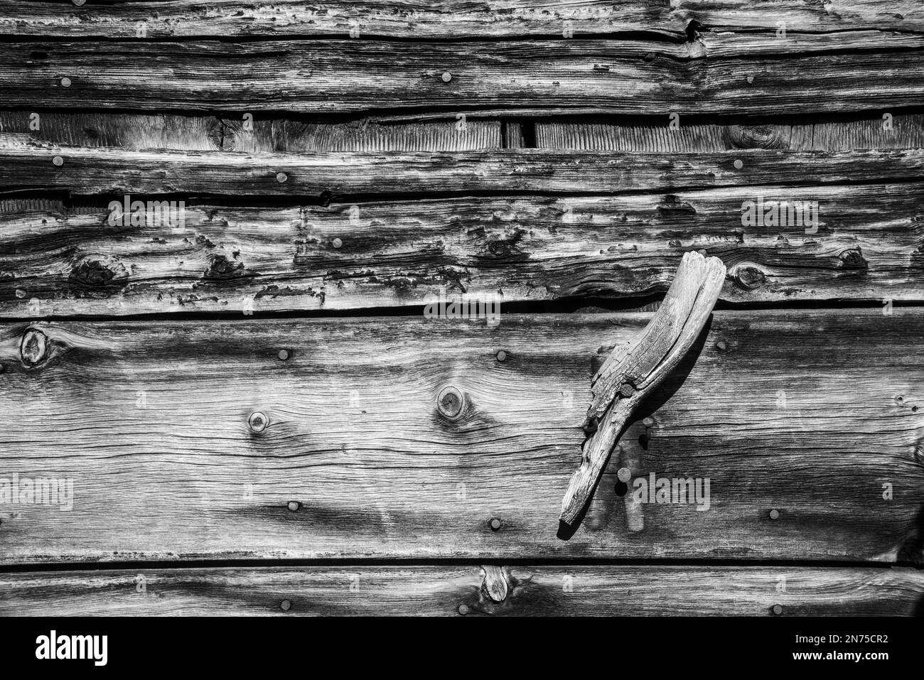 Nahaufnahme der Fassade einer typischen Almhütte, den Dolomitenalpen in Südtirol Stockfoto