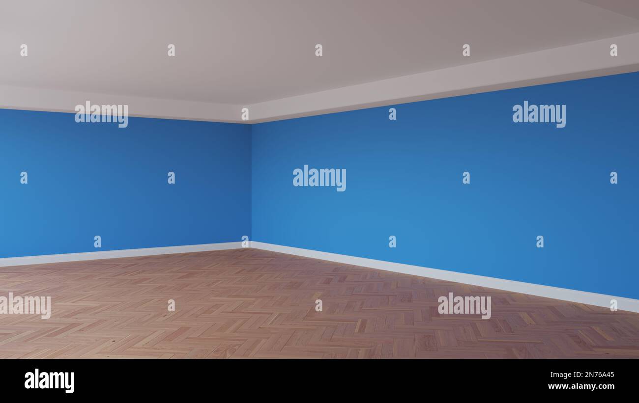 Ecke des blauen Interieurs mit weißer Decke und Zierleisten, glänzendem Parkettboden mit Fischgrätmuster und weißem Sockel. Unmöbliertes Zimmerkonzept. 3D illus Stockfoto