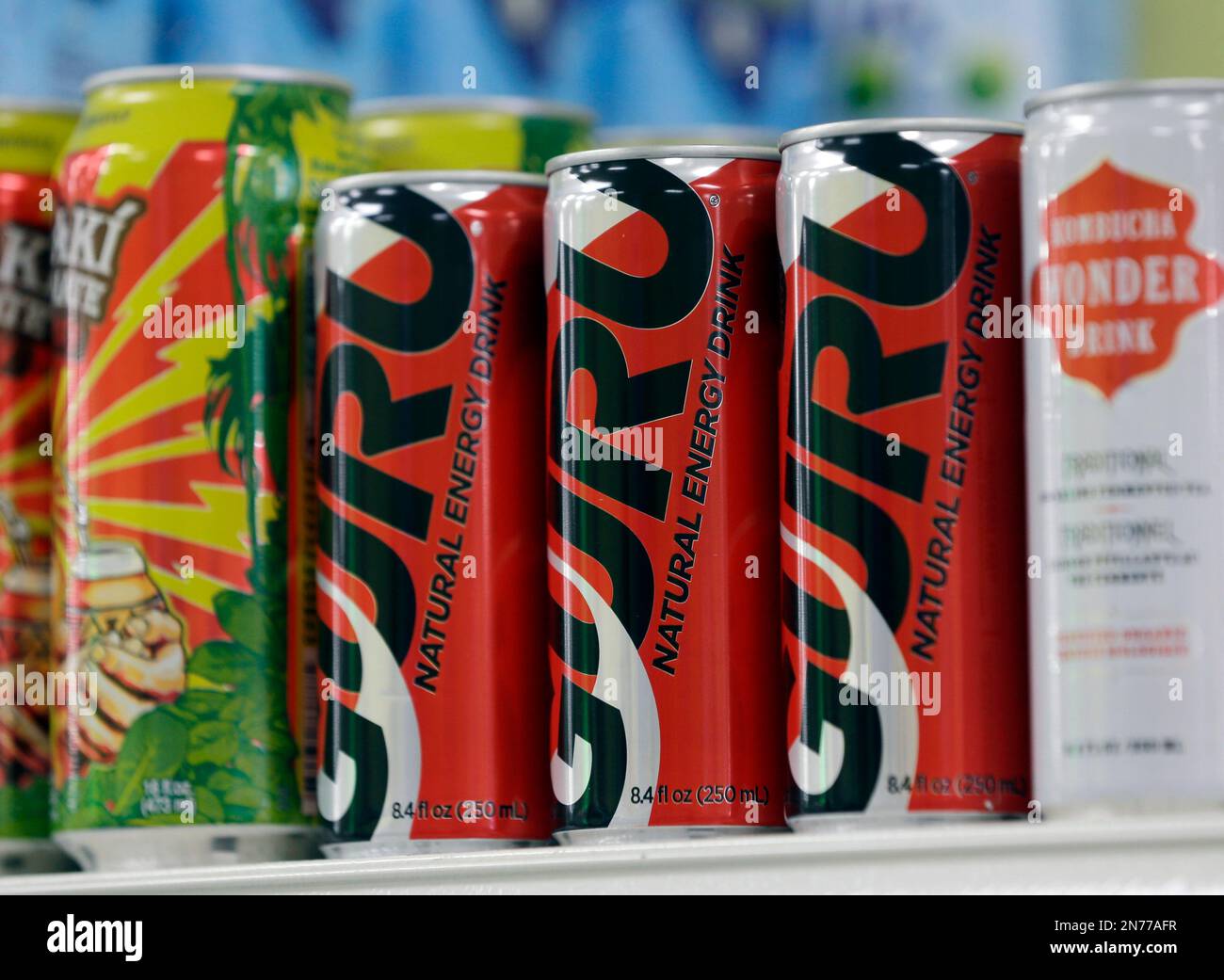 In this Thursday, June 27, 2013 photo, cans of Guru natural energy