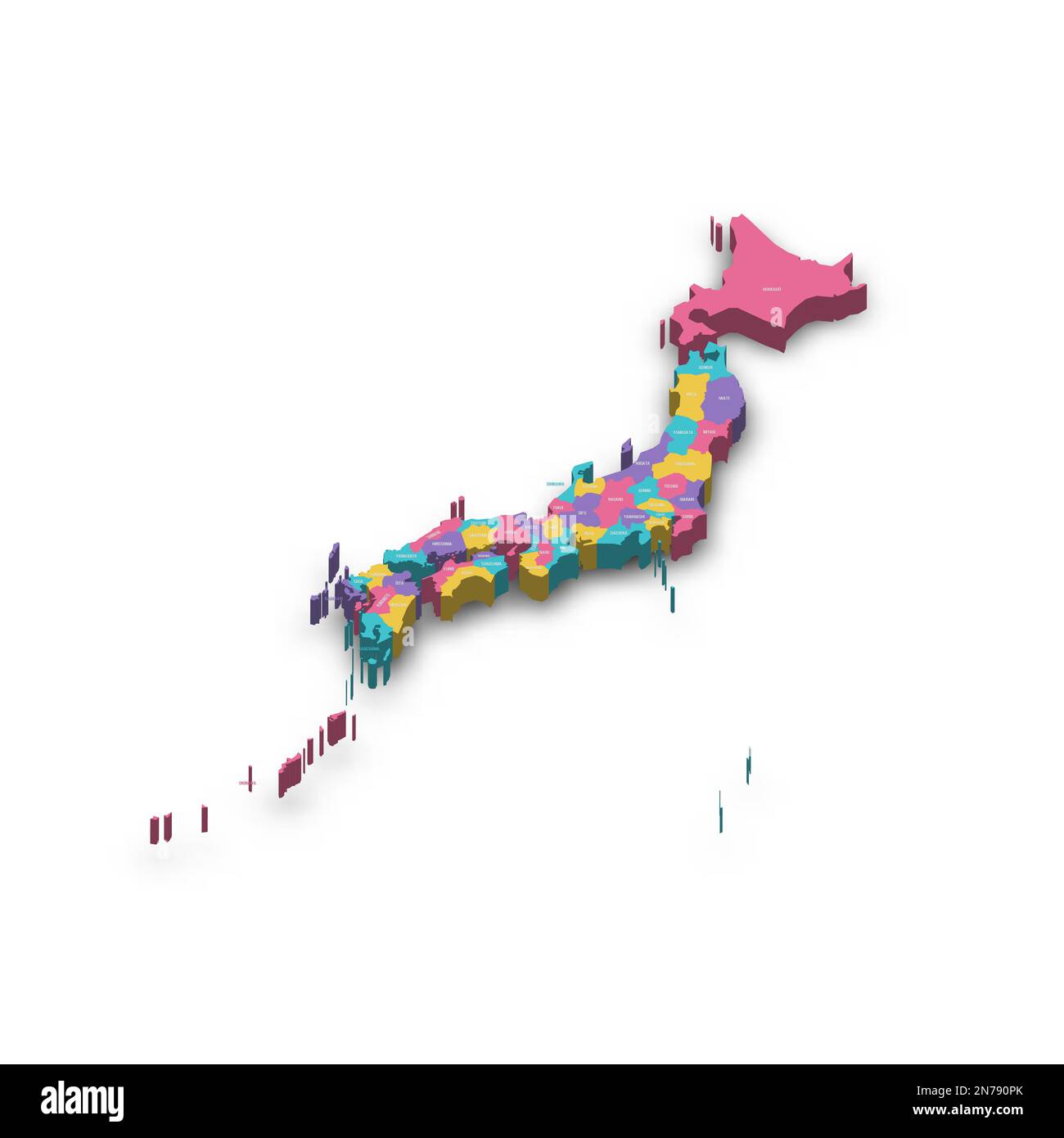 Politische Karte der Verwaltungseinheiten Japans - Präfekturen, Metropilis Tokio, Territorium Hokaido und städtische Präfekturen Kyoto und Osaka. Farbenfrohe 3D-Vektorkarte mit versenkten Schatten und Ländernamen. Stock Vektor