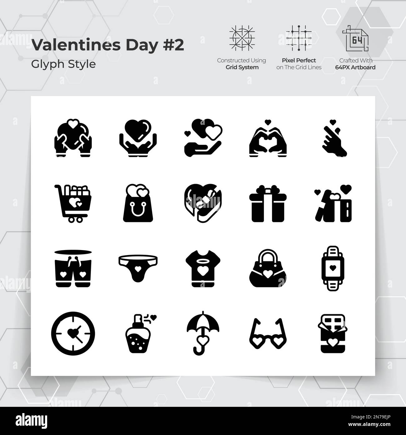 Valentinstag-Ikone in Glyph Black erfüllt den Stil mit Geschenken und verlieben sich. Eine Sammlung von Liebes- und Romantik-Vektorsymbolen für Valentinstag Stock Vektor