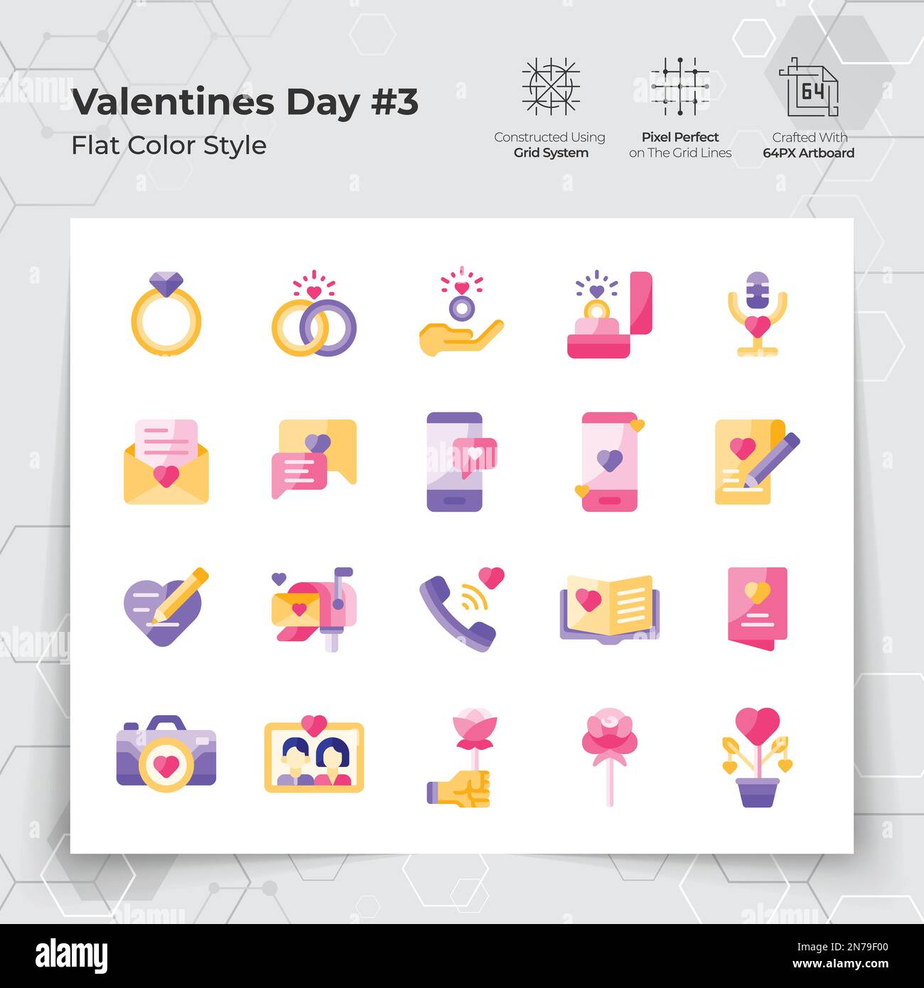 Valentinstag-Ikonen in flachen Farben mit Hochzeitsgeschenken und Chat-Themen. Eine Sammlung von Liebes- und Romantik-Vektorsymbolen für den Valentinstag Stock Vektor