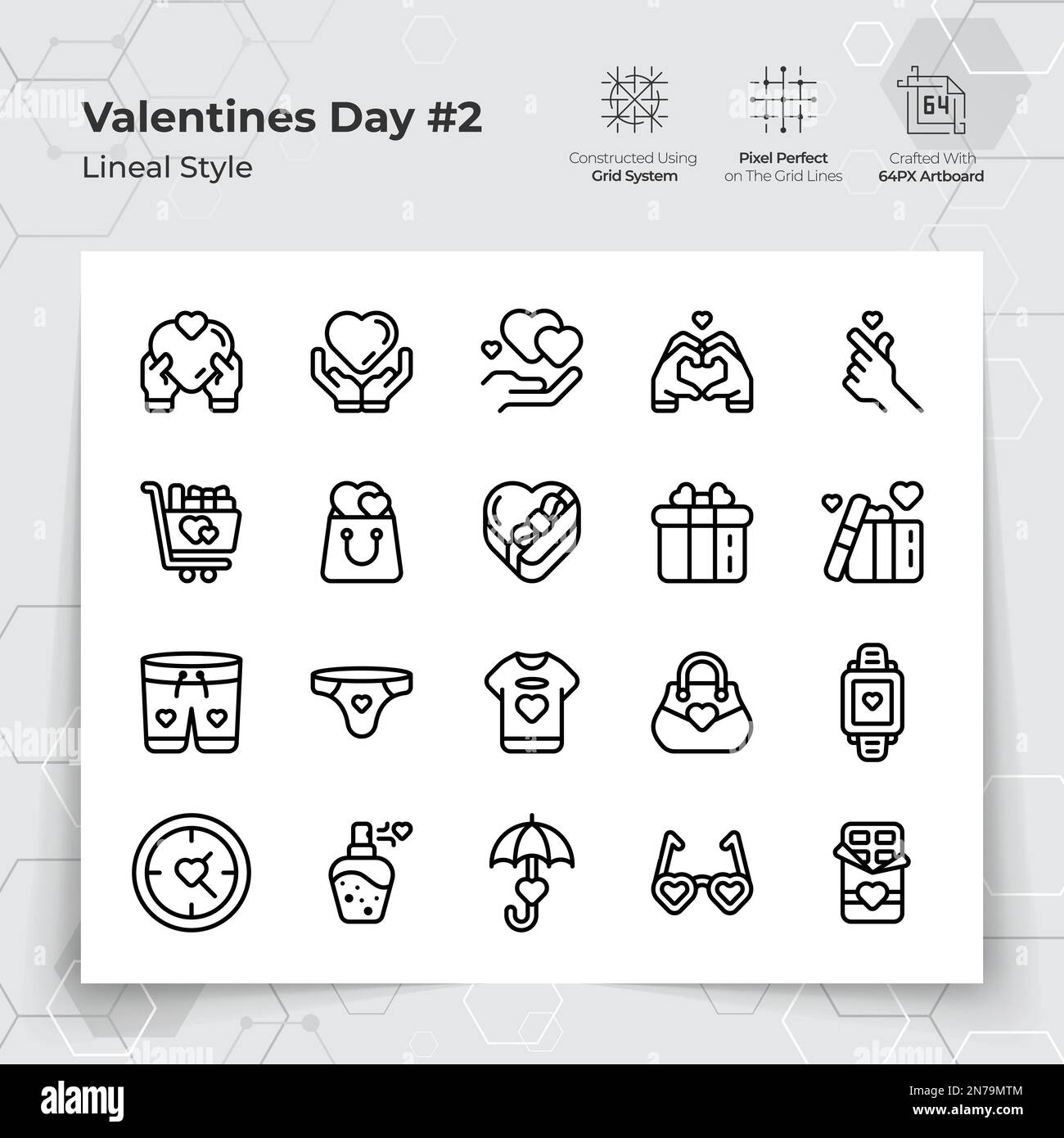 Valentinstag-Ikone mit schwarzer Linie auf Geschenken und „Verlieben“-Motiven. Eine Sammlung von Liebes- und Romantik-Vektorsymbolen für Valentinstag Cel Stock Vektor