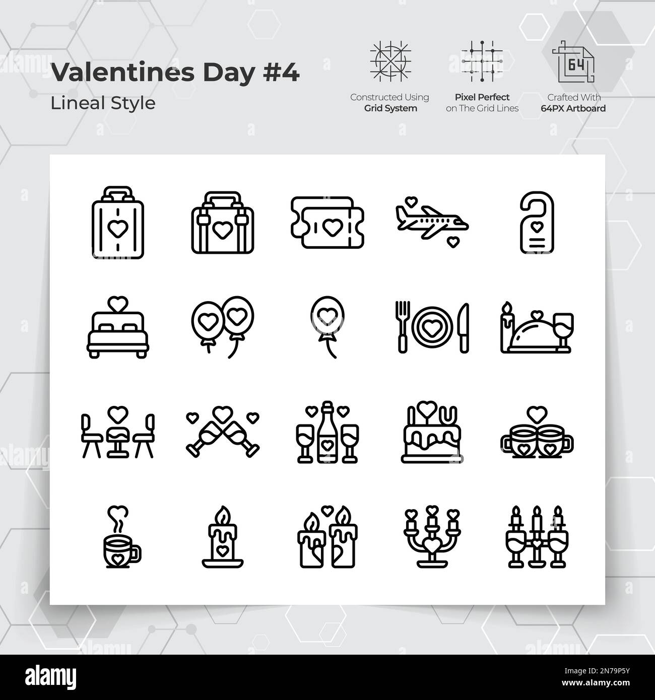 Valentinstag-Ikonen in schwarzer Linie mit Urlaubsreisen und Abendessen. Eine Sammlung von Liebes- und Romantik-Vektorsymbolen für Valentinstag Stock Vektor