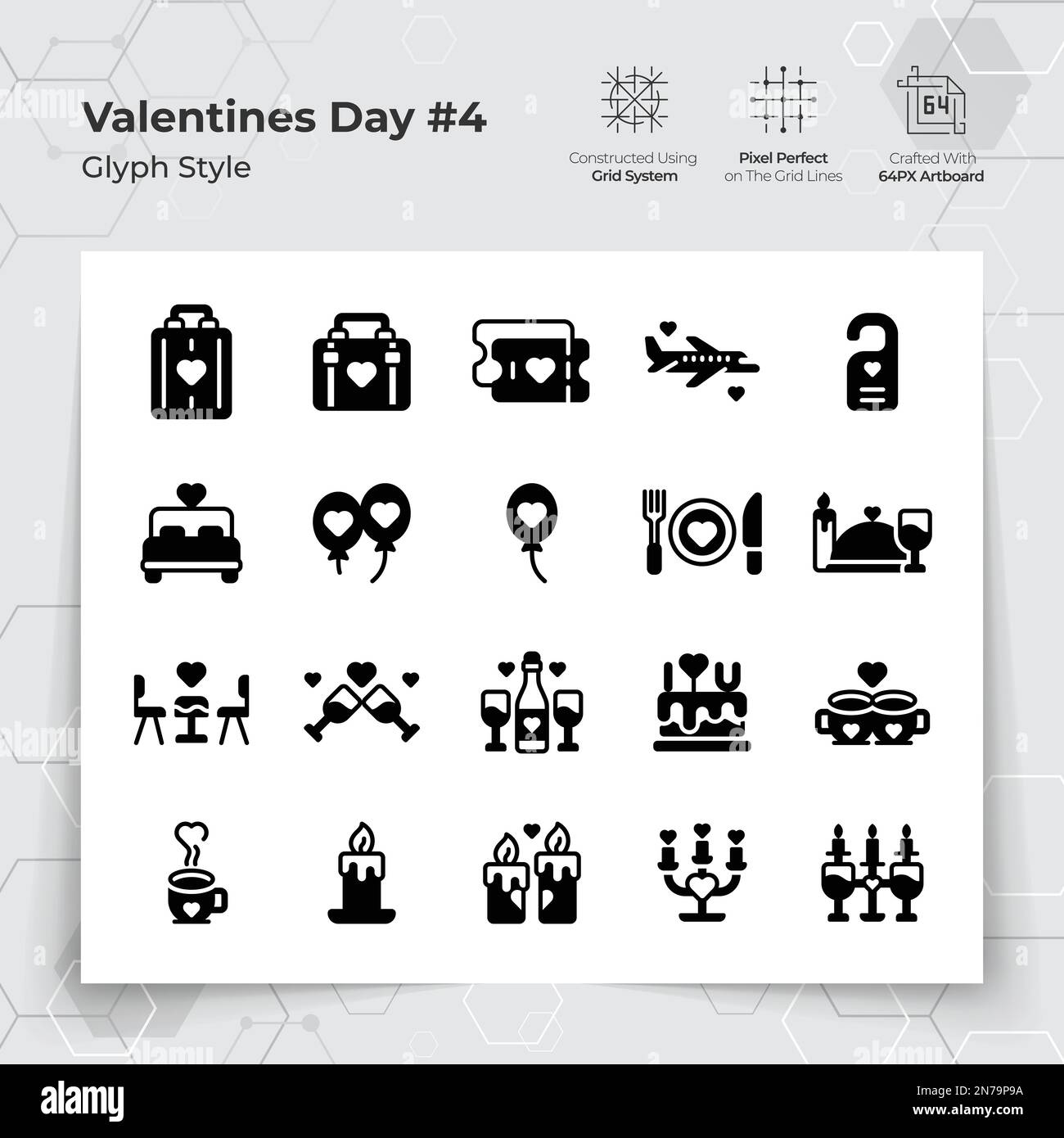 Valentinstag-Ikonen in Glyph Black füllen Stil mit Urlaubsreisen und Abendessen Themen. Eine Sammlung von Liebe und Romantik-Vektorsymbolen für Vale Stock Vektor