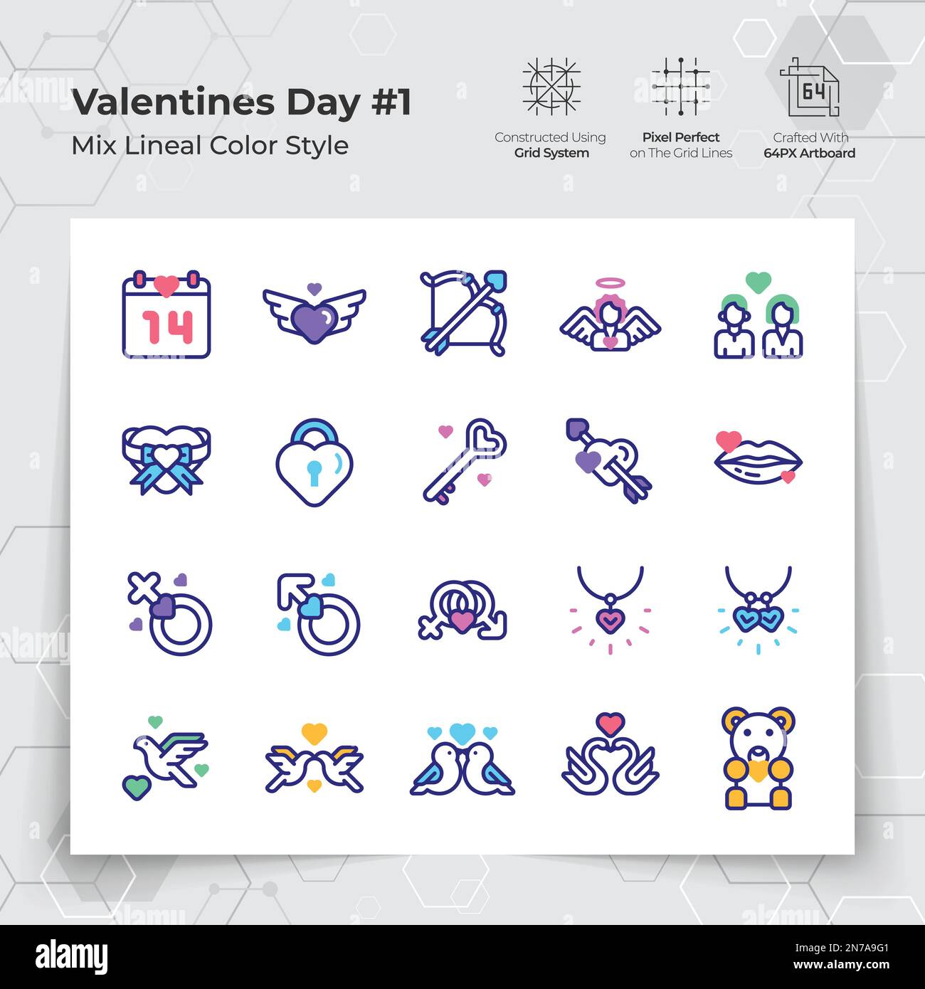 Valentinstag-Ikone in Linienfarbe füllen Stil mit Liebe und Herz. Eine Sammlung von Liebes- und Romantik-Vektorsymbolen für Valentinstag Cel Stock Vektor