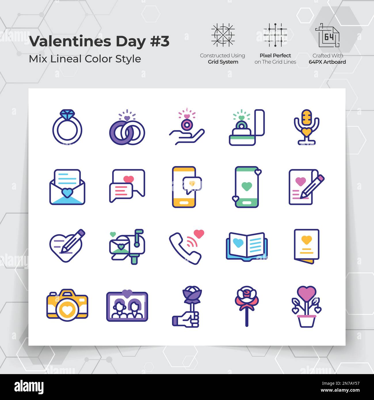 Valentinstag-Ikonen in Linienfarben füllen Stil mit Urlaubsreisen und Abendessen Themen. Eine Sammlung von Liebe und Romantik für den Valentinstag Stock Vektor