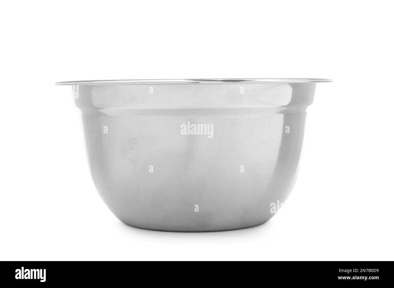 Leere saubere Metallschale, isoliert auf weiß Stockfoto