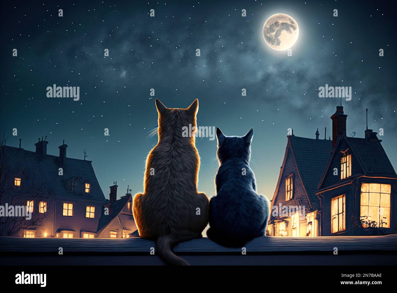 Katzen sitzen nachts auf dem Dach, zwei Haustiere schauen auf Mond und Sterne im Himmel, generative AI. Konzept der Stadttiere, Frühling, Romantik, Liebe, Träume, desir Stockfoto