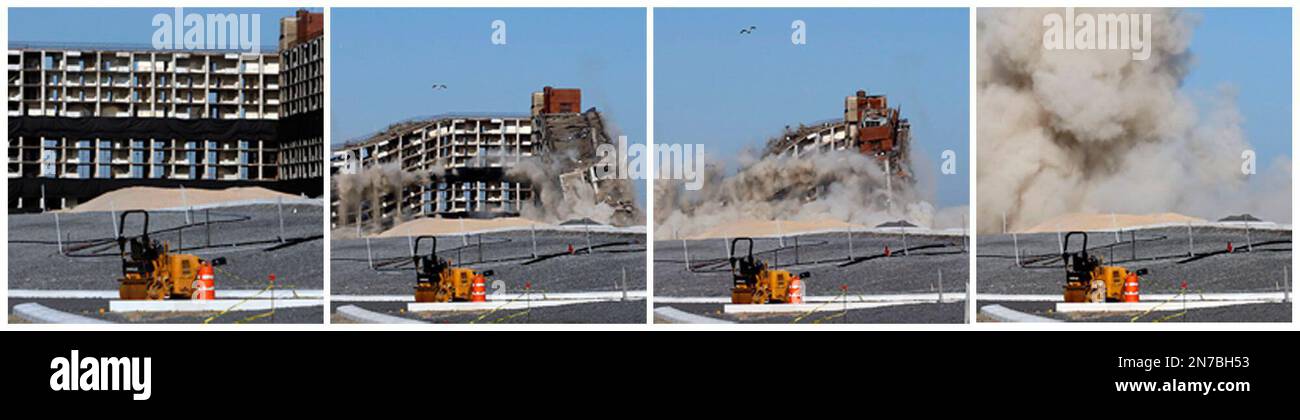 In this combination of Associated Press photos, Building 877, the largest non-historic building on Governors Island, is imploded to make way for the new Governors Island park, Sunday, June 9, 2013 in New York. (AP Photo/Jason DeCrow) Stockfoto