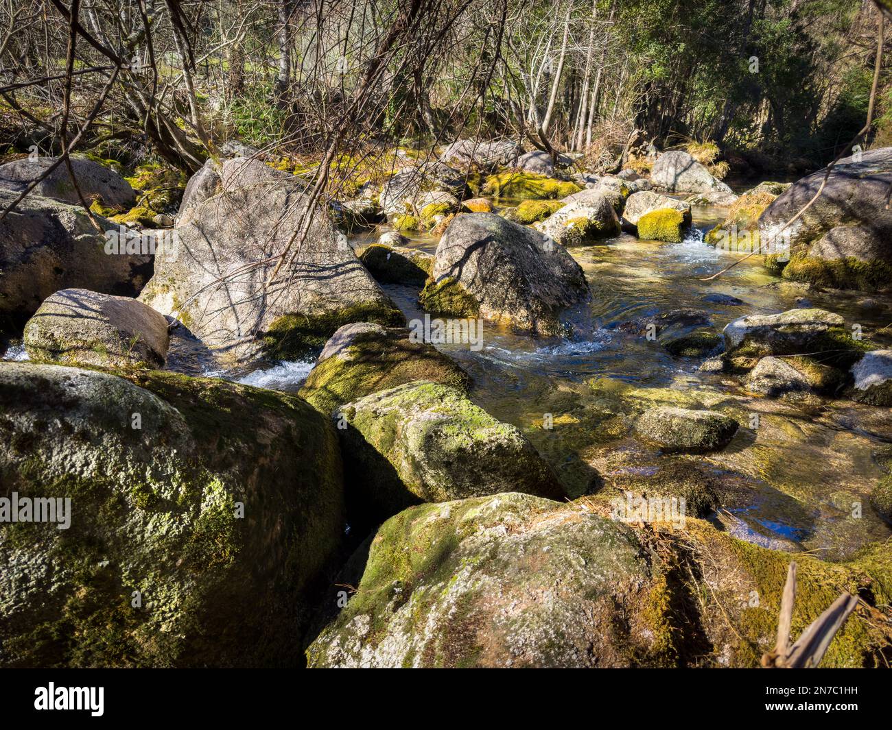 Wasserlauf in der Nähe des Wasserfalls Fecha de Barjas (auch bekannt als Tahiti-Wasserfall) in den Bergen des Peneda-Geres-Nationalparks, Portugal. Stockfoto