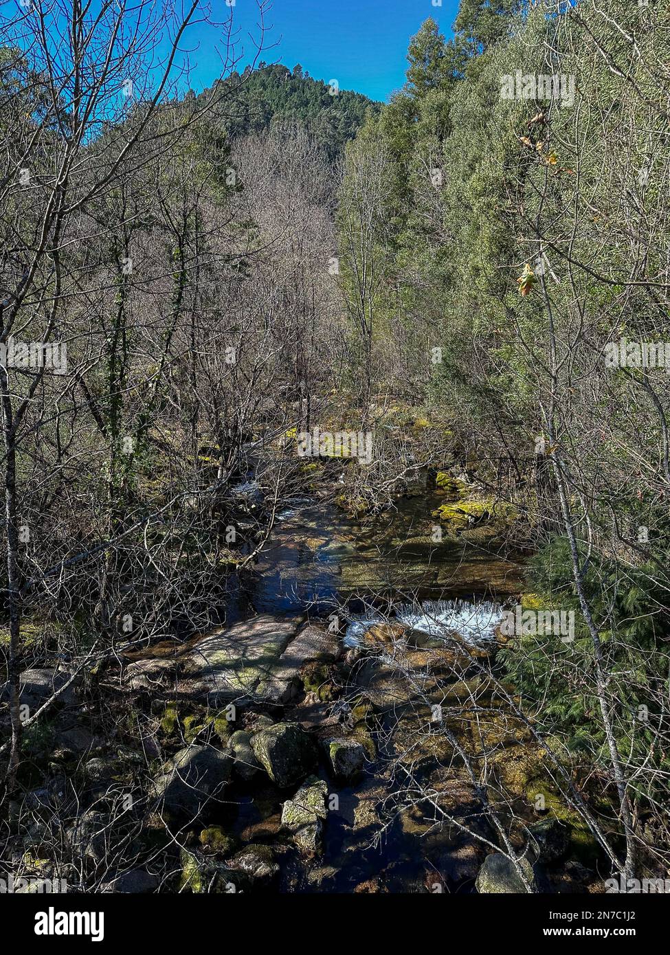 Wasserlauf in der Nähe des Wasserfalls Fecha de Barjas (auch bekannt als Tahiti-Wasserfall) in den Bergen des Peneda-Geres-Nationalparks, Portugal. Stockfoto