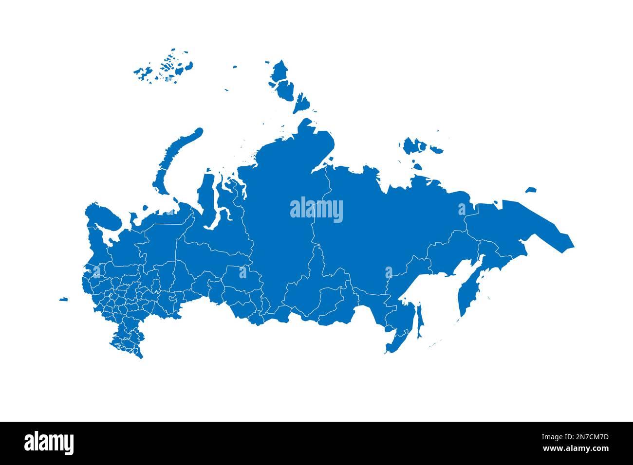 Russische politische Karte der Verwaltungseinheiten - Oblasten, Republiken, autonome Okrugs, Krais, autonome Oblast und 2 Bundesstädte Moskau und Sankt Petersburg. Blau leuchtende leere Vektorkarte mit weißen Rändern. Stock Vektor