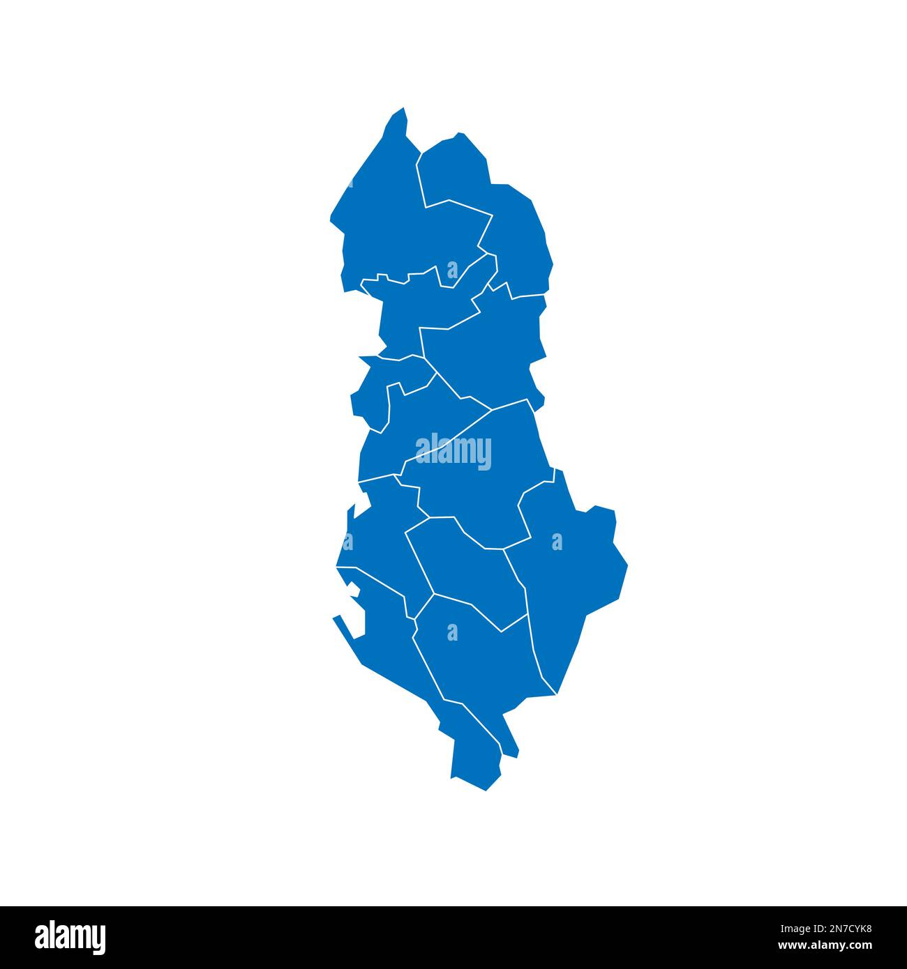 Albanien: Politische Karte der Verwaltungsabteilungen - Bezirke. Blau leuchtende leere Vektorkarte mit weißen Rändern. Stock Vektor