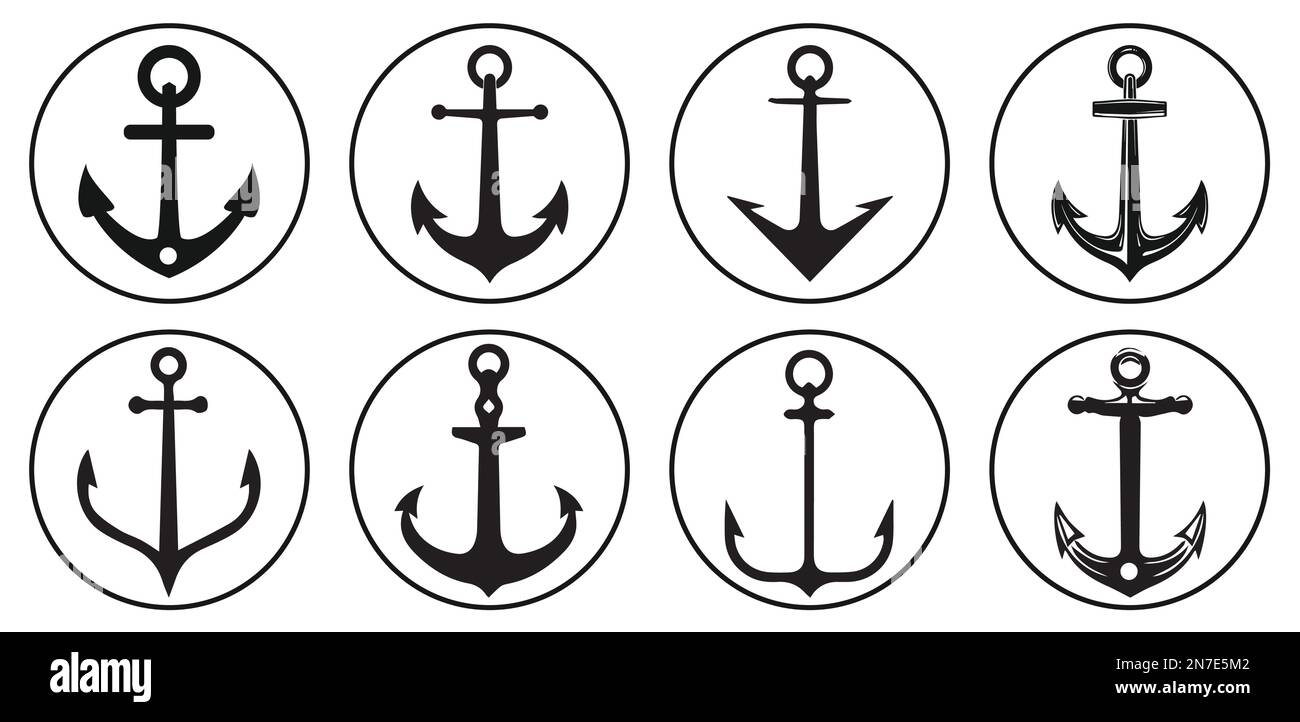Satz schwarzer Vektorverankerungssymbole. Schiffsanker-Vektor-Symbolsammlung. Flaches Ankerlogo in verschiedenen Formen, isoliert auf weißem Hintergrund. Stock Vektor