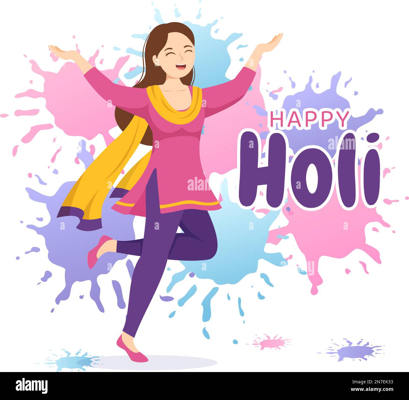Happy Holi Festival Illustration mit farbenfrohem Töpfchen und Pulver in Hindi für Webbanner oder Landing Page in flachen, handgezeichneten Cartoon-Vorlagen Stock Vektor