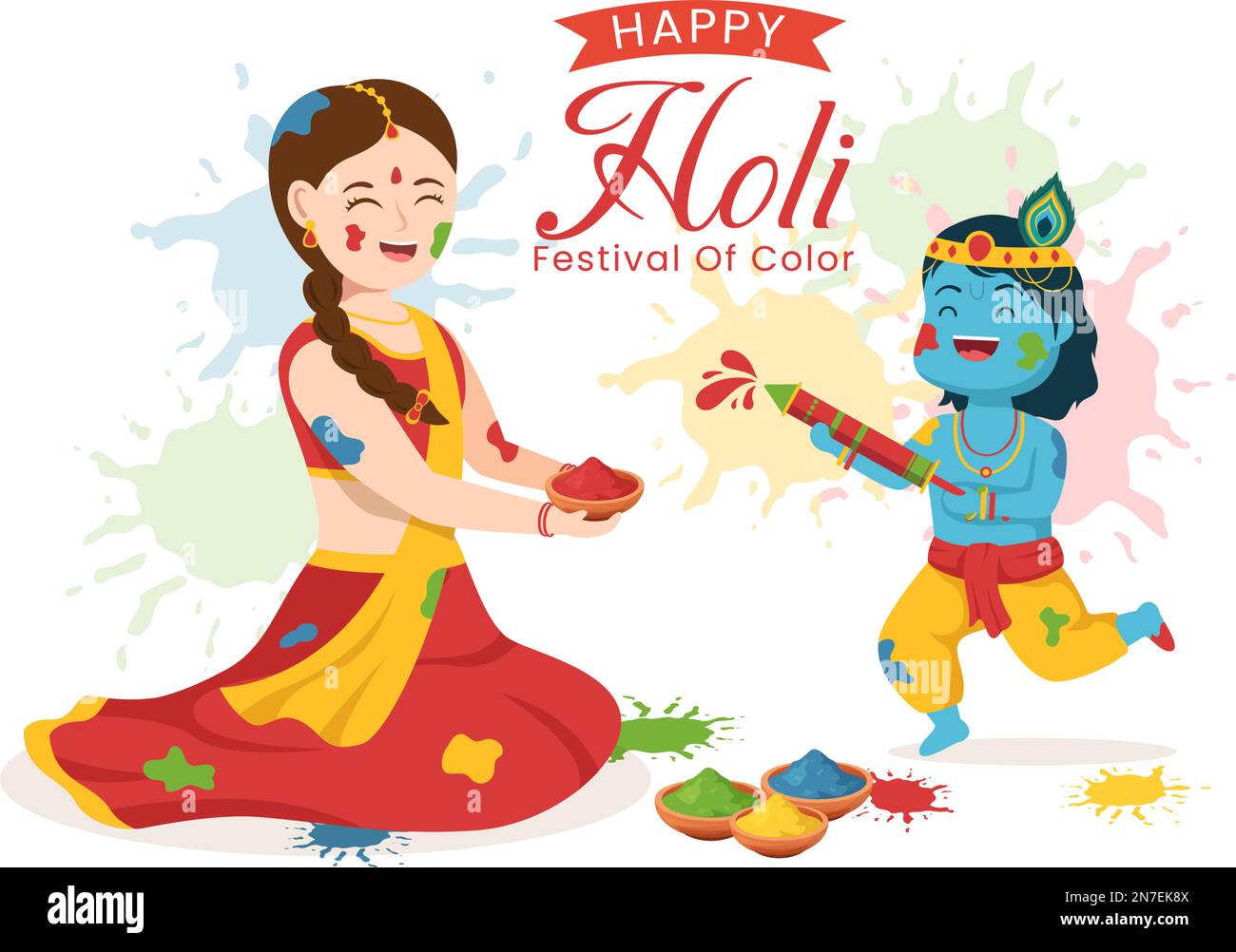 Happy Holi Festival Illustration mit farbenfrohem Töpfchen und Pulver in Hindi für Webbanner oder Landing Page in flachen, handgezeichneten Cartoon-Vorlagen Stock Vektor